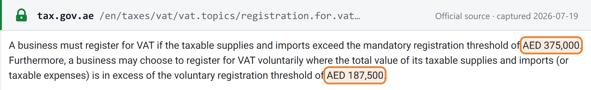 Source snapshot — FTA registration thresholds: AED 375,000 mandatory / AED 187,500 voluntary