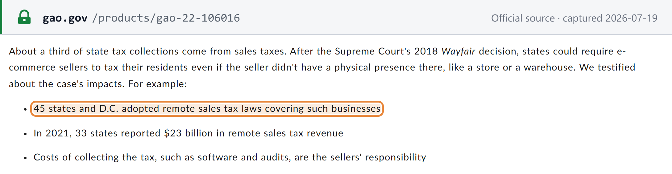 Source snapshot — GAO: 45 states and D.C. adopted remote sales tax laws