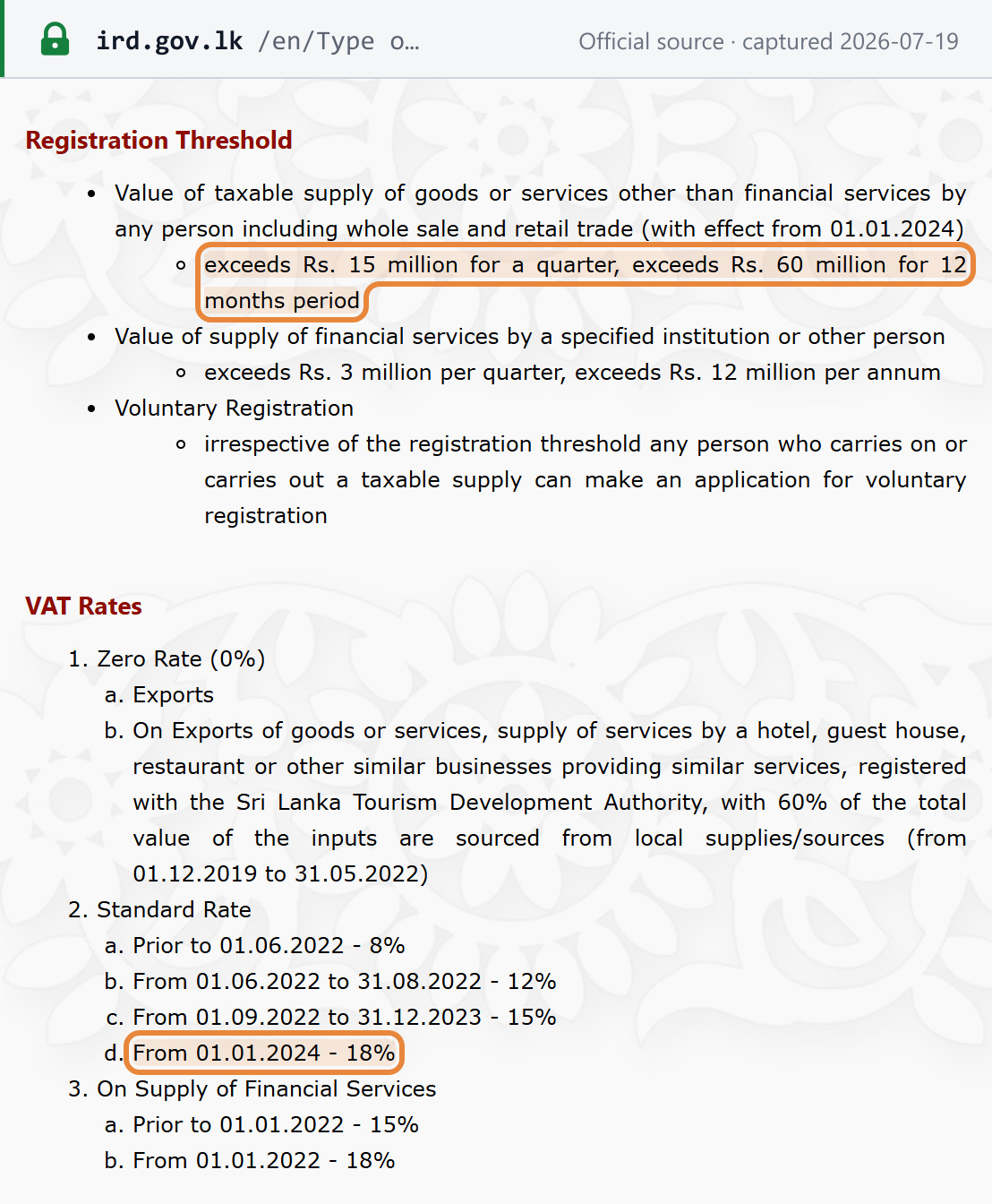 Source snapshot — IRD VAT page: 18% standard rate, LKR 15M/quarter and 60M/12-month thresholds, exports zero-rated