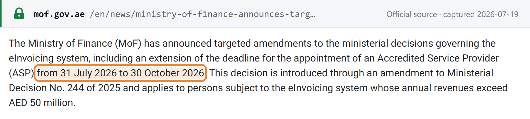 Source snapshot — MoF announcement extending the ASP appointment deadline to 30 October 2026