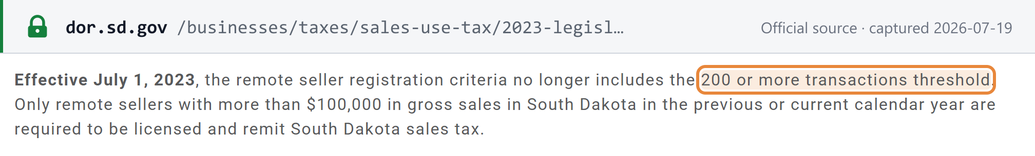 Source snapshot — South Dakota DOR: 200-transaction threshold removed effective July 1, 2023