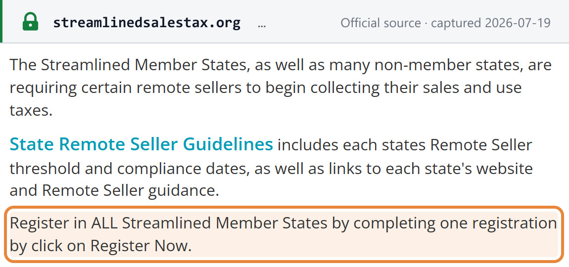 Source snapshot — Streamlined Sales Tax: register in each state; the SSTRS registers you for all Streamlined member states in one application