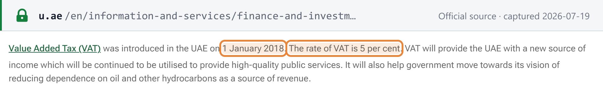 Source snapshot — UAE VAT at 5% since 1 January 2018