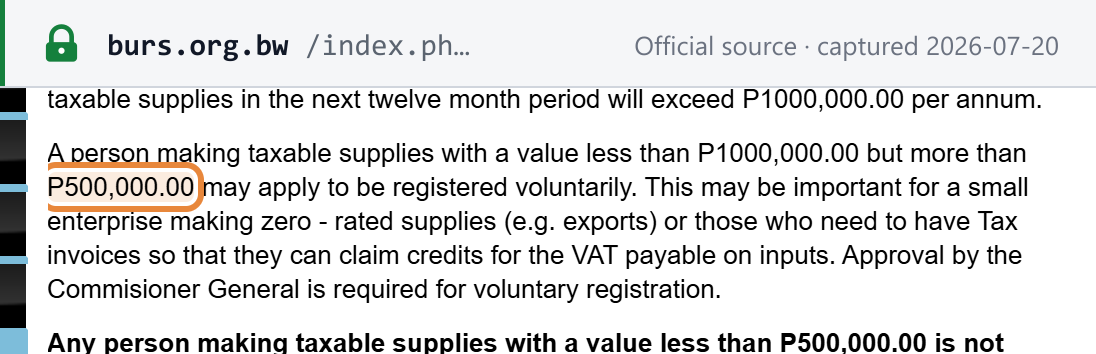 Source snapshot — BURS registration page: mandatory above BWP 1,000,000, voluntary from BWP 500,000