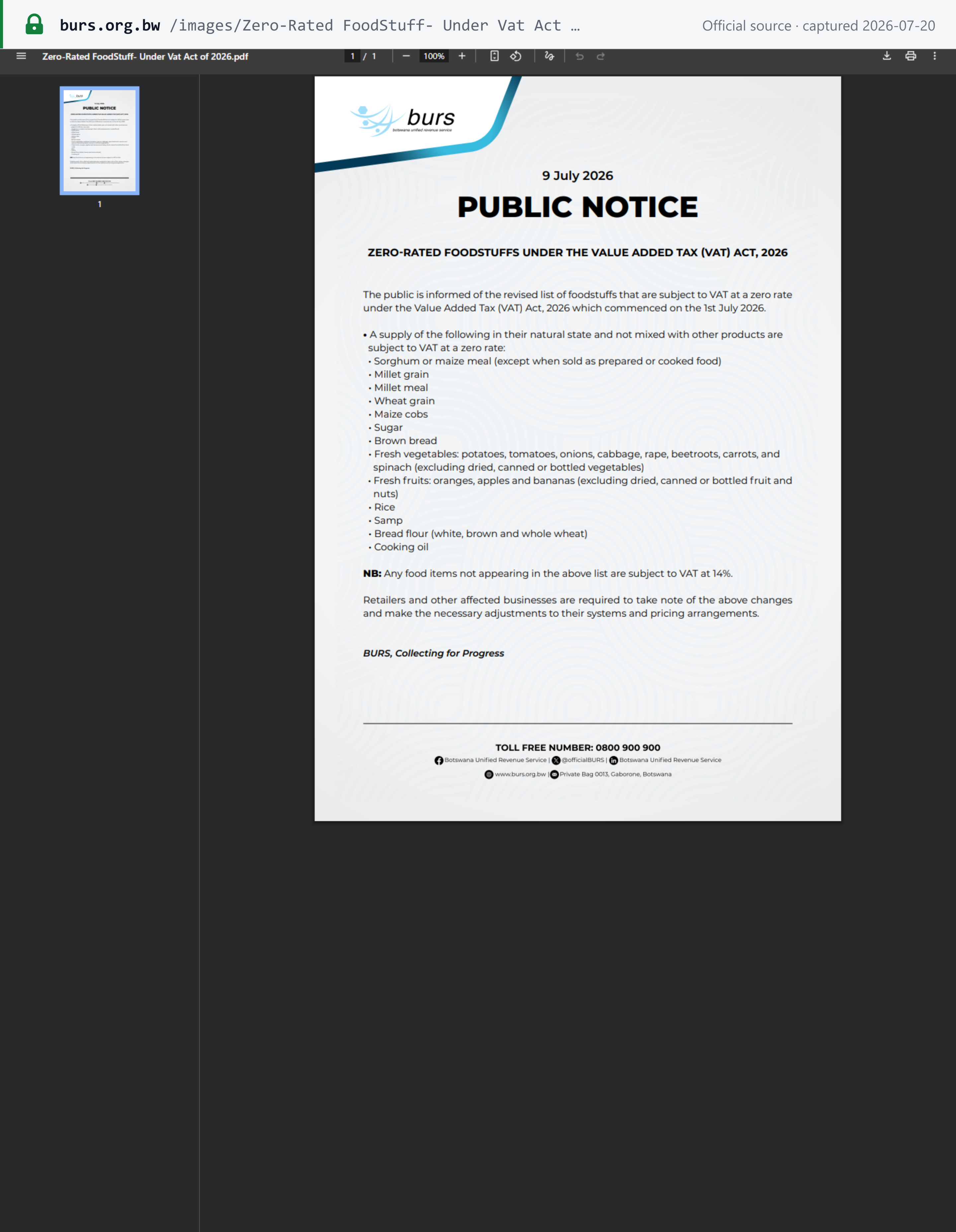 Source snapshot — BURS public notice: revised zero-rated foodstuffs list and the 14% standard rate