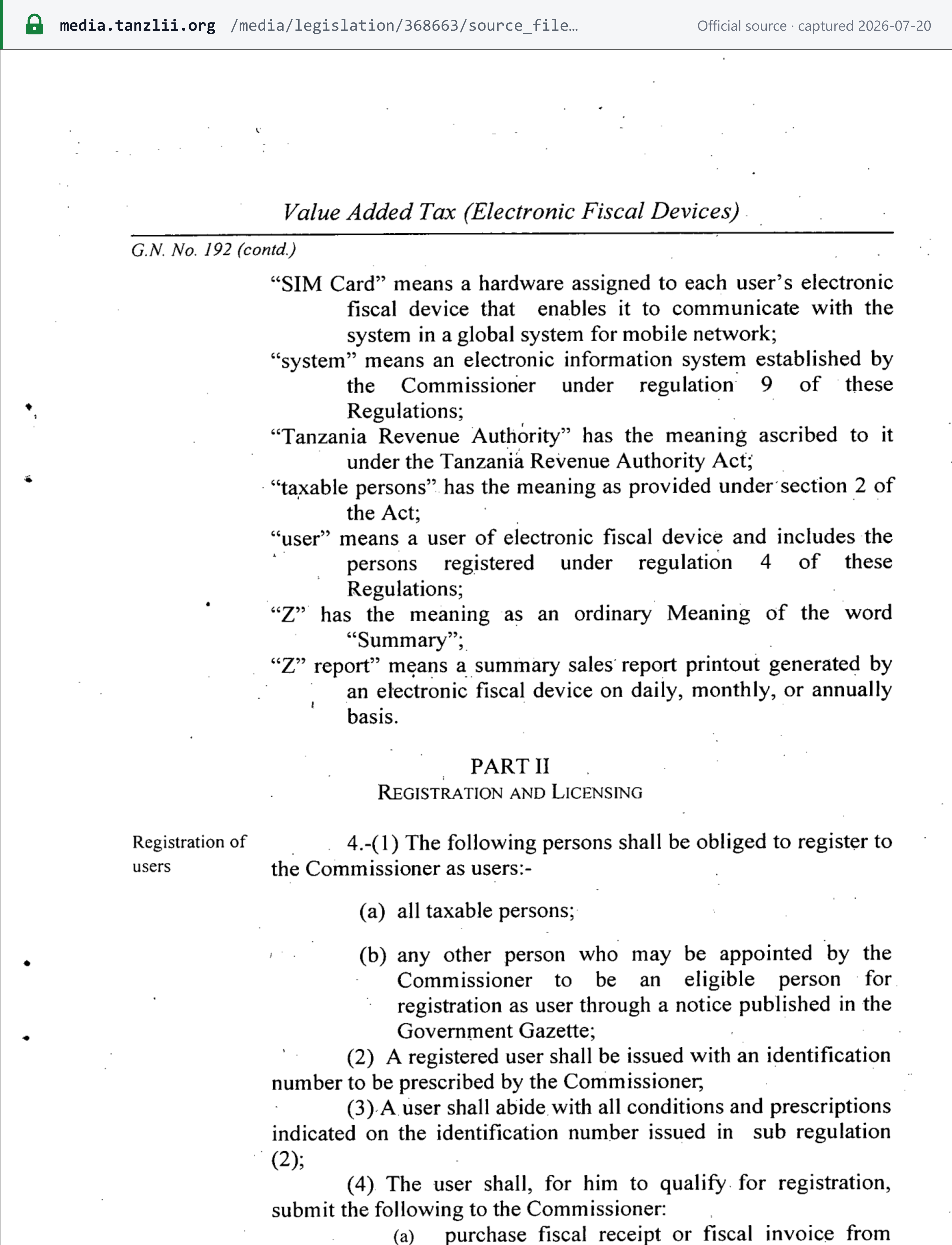 Source snapshot — Government Notice No. 192 of 2010: all taxable persons must register as EFD users
