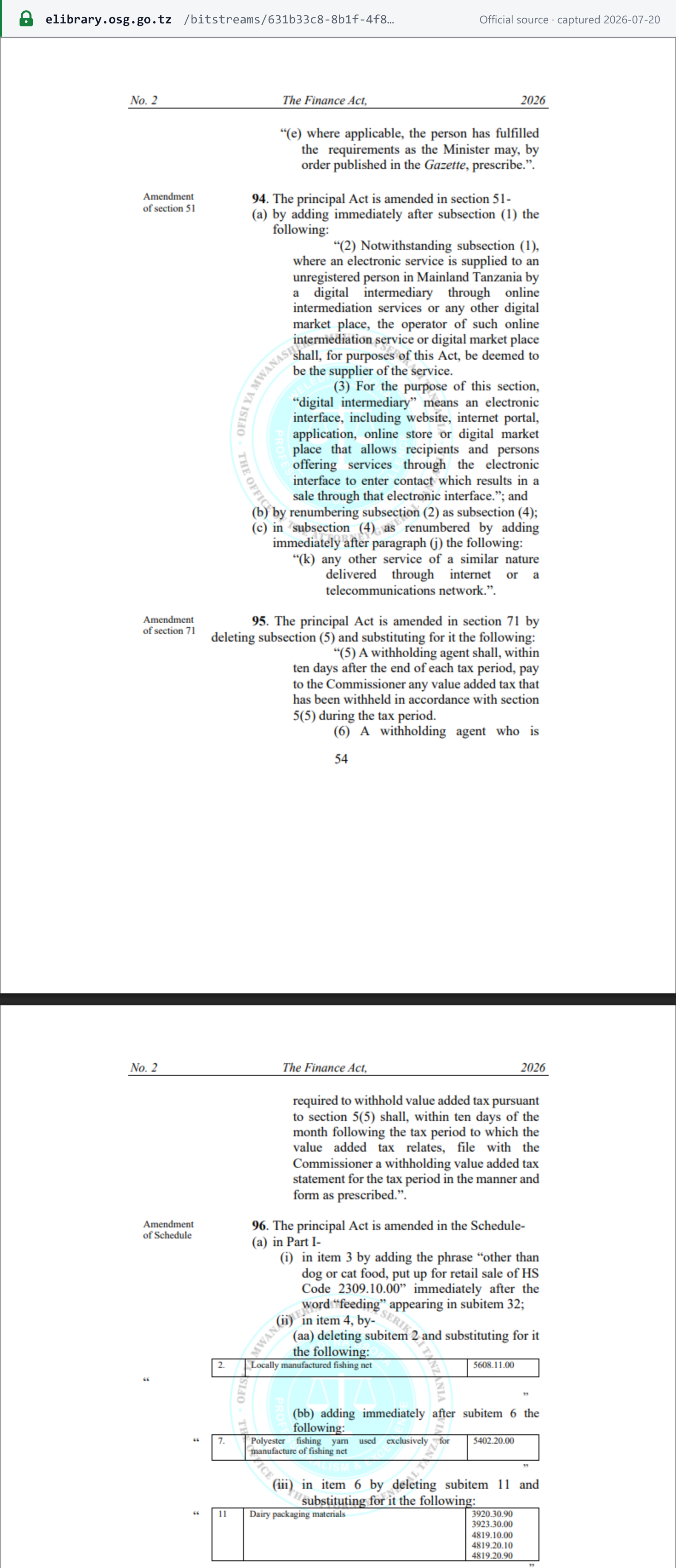 Source snapshot — Finance Act 2026 s.94 amends VAT Act s.51 — marketplace operators deemed the supplier