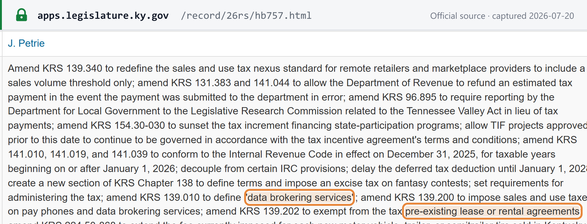 Source snapshot — Kentucky HB 757 taxes data brokering services, exempting pre-existing lease/rental agreements
