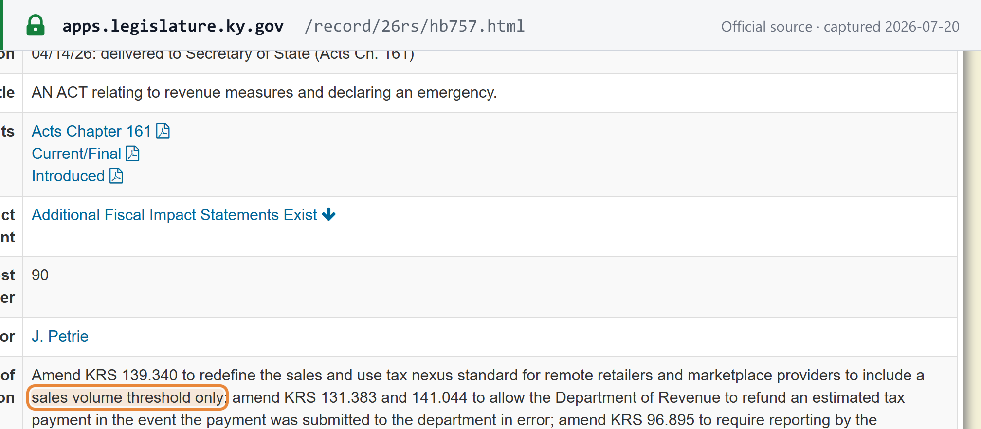 Source snapshot — Kentucky HB 757 simplifies economic nexus to a $100,000 sales-volume-only test