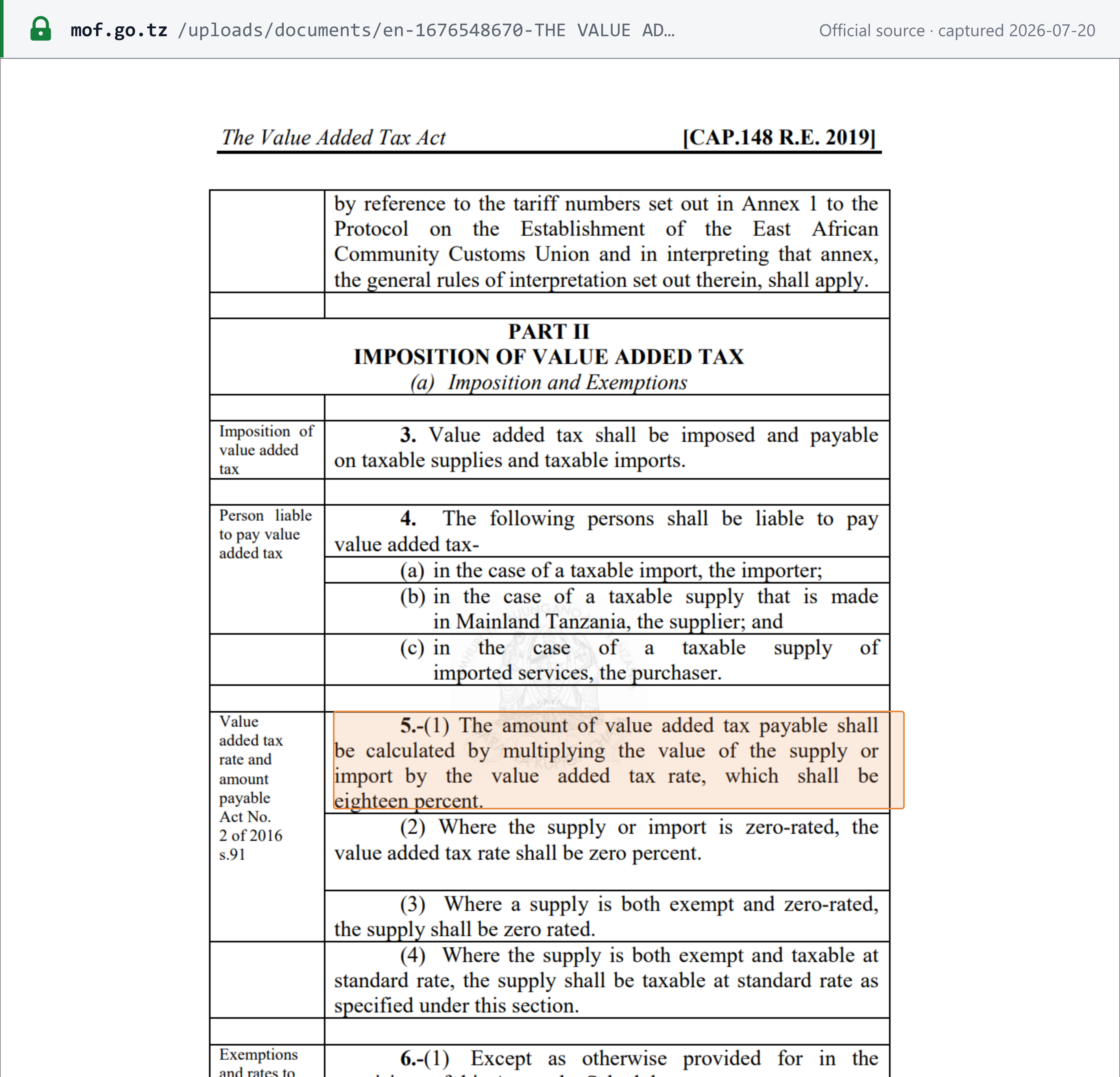 Source snapshot — VAT Act CAP 148 s.5(1) — the VAT rate shall be eighteen percent