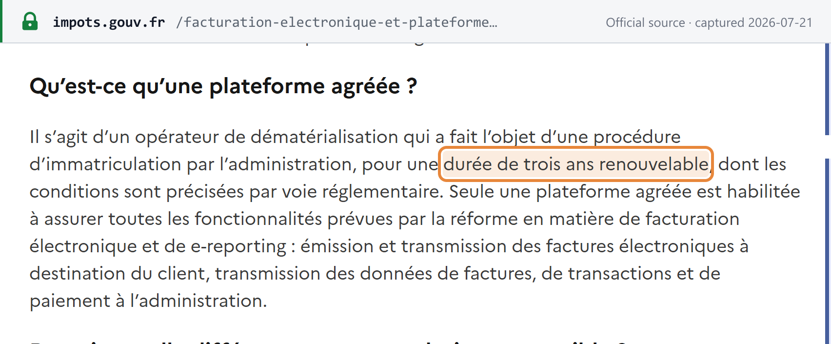 Source snapshot — DGFiP: Plateforme Agréée registration is granted for a renewable three-year period
