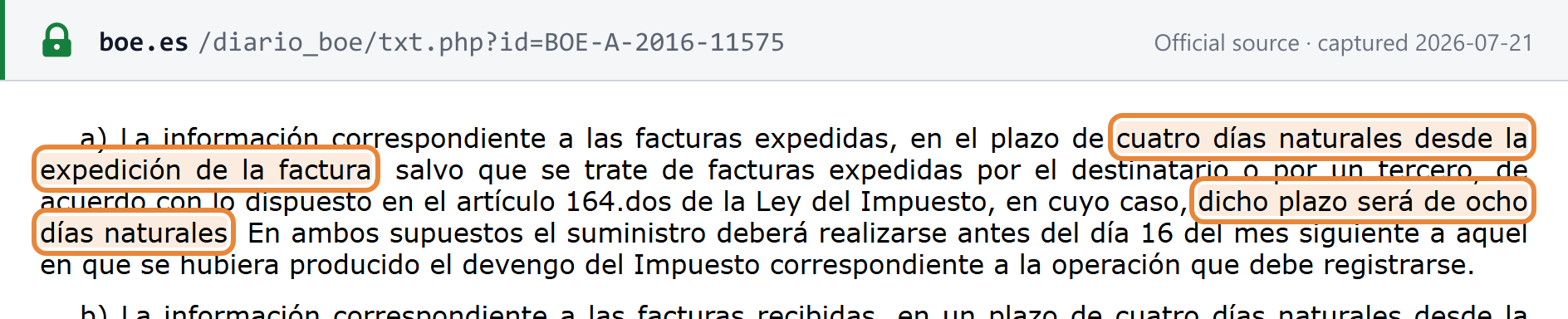 Source snapshot — Real Decreto 596/2016: invoice records must be supplied within four calendar days