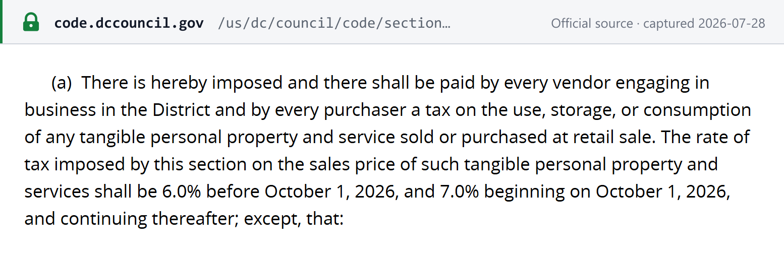 Source snapshot — D.C. Code § 47-2202(a) on the DC Law Library, reading "6.0% before October 1, 2026, and 7.0% beginning on October 1, 2026, and continuing thereafter"