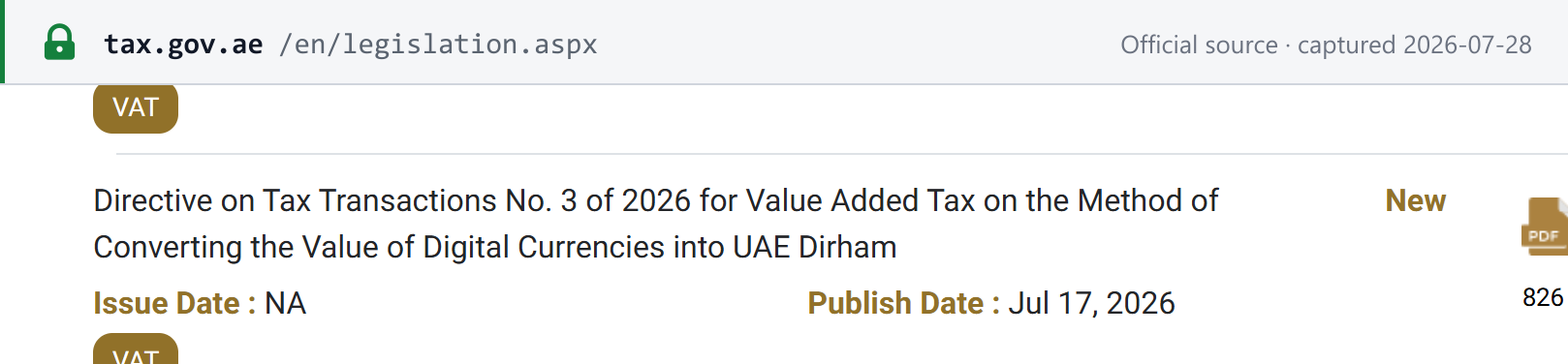 Source snapshot — the FTA legislation portal listing for Directive on Tax Transactions No. 3 of 2026 on converting the value of digital currencies into UAE dirham, showing Issue Date: NA and Publish Date: Jul 17, 2026