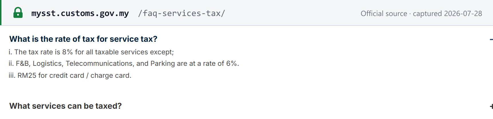 Source snapshot — RMCD service tax FAQ showing the 8% standard rate, the 6% reduced rate and the RM25 per-card charge