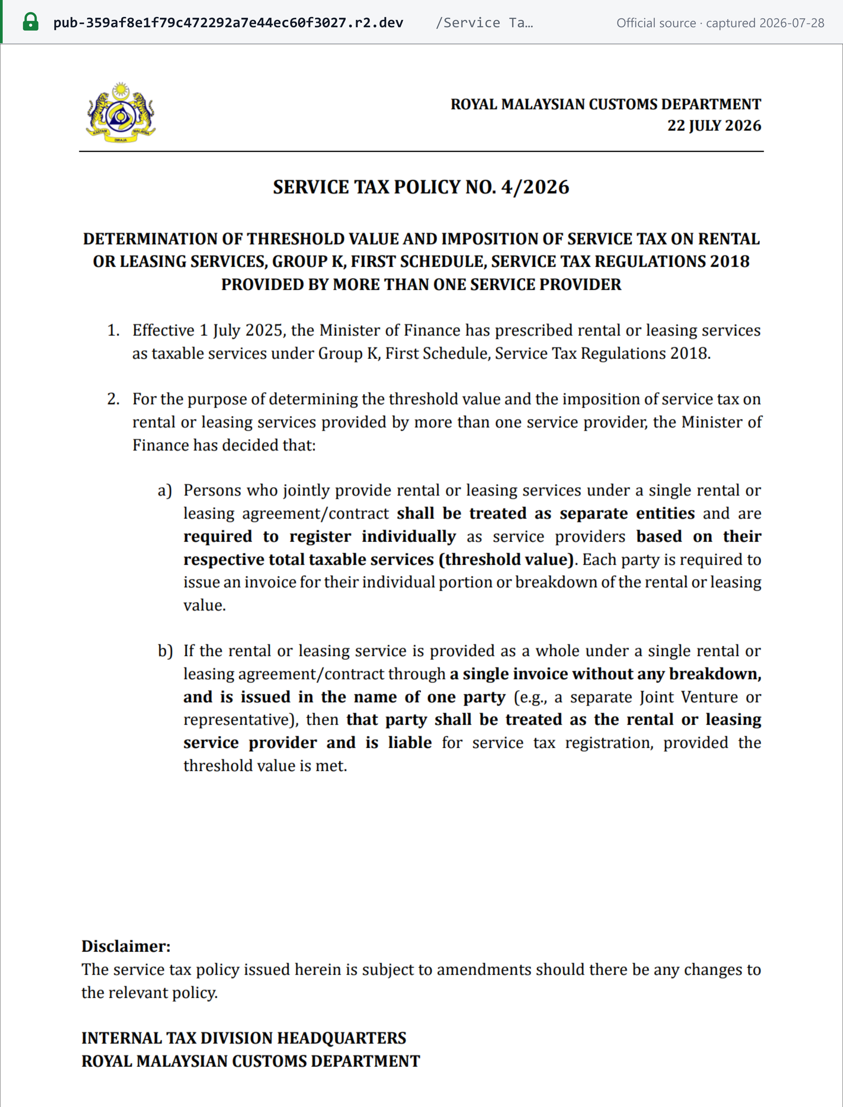 Source snapshot — RMCD Service Tax Policy No. 4/2026 treating joint providers of rental or leasing services under one agreement as separate entities