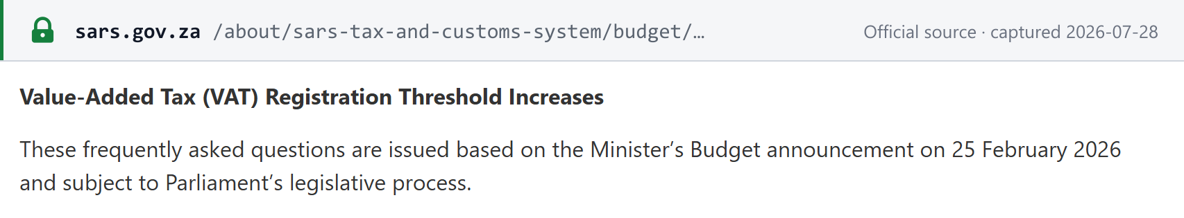 Source snapshot — SARS Budget 2026 FAQ header stating the answers are subject to Parliament's legislative process