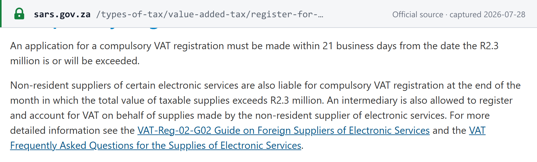 Source snapshot — SARS Register for VAT page stating non-resident electronic services suppliers must register once taxable supplies exceed R2.3 million
