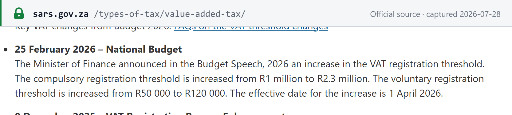 Source snapshot — SARS stating the compulsory threshold rises from R1 million to R2.3 million and the voluntary threshold from R50 000 to R120 000, effective 1 April 2026