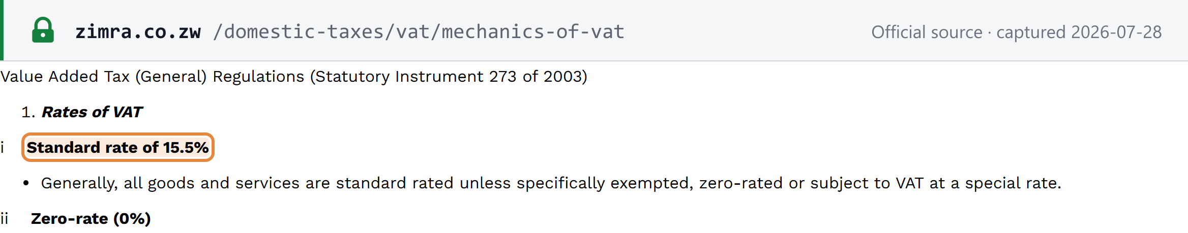 Source snapshot — ZIMRA Mechanics of VAT page publishing the standard VAT rate as 15.5%