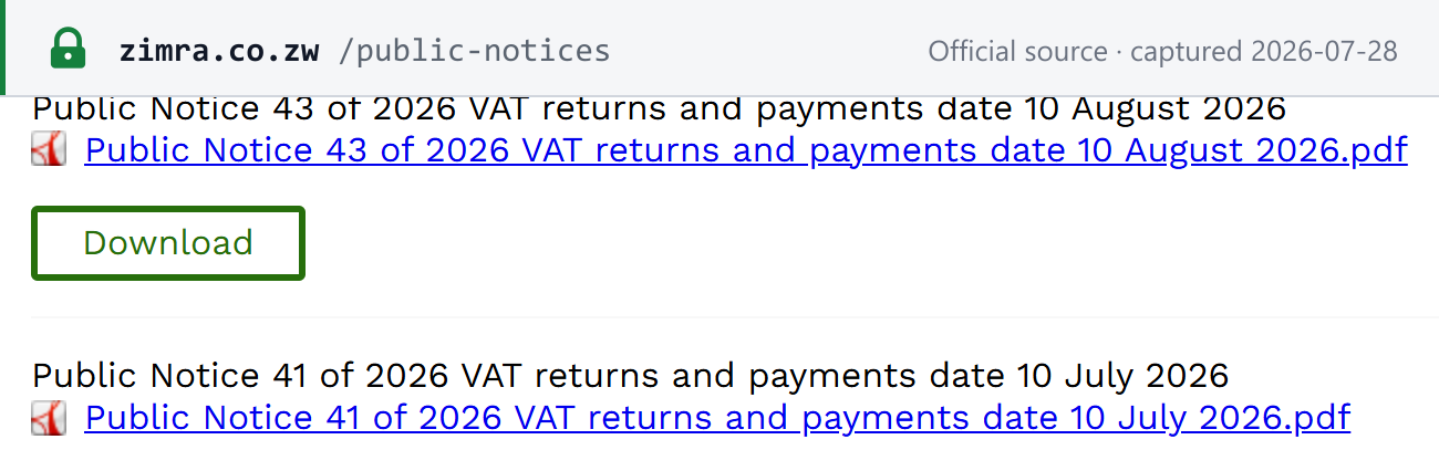 Source snapshot — ZIMRA public notices listing the current monthly VAT return due date of the 10th and payment due date of the 15th