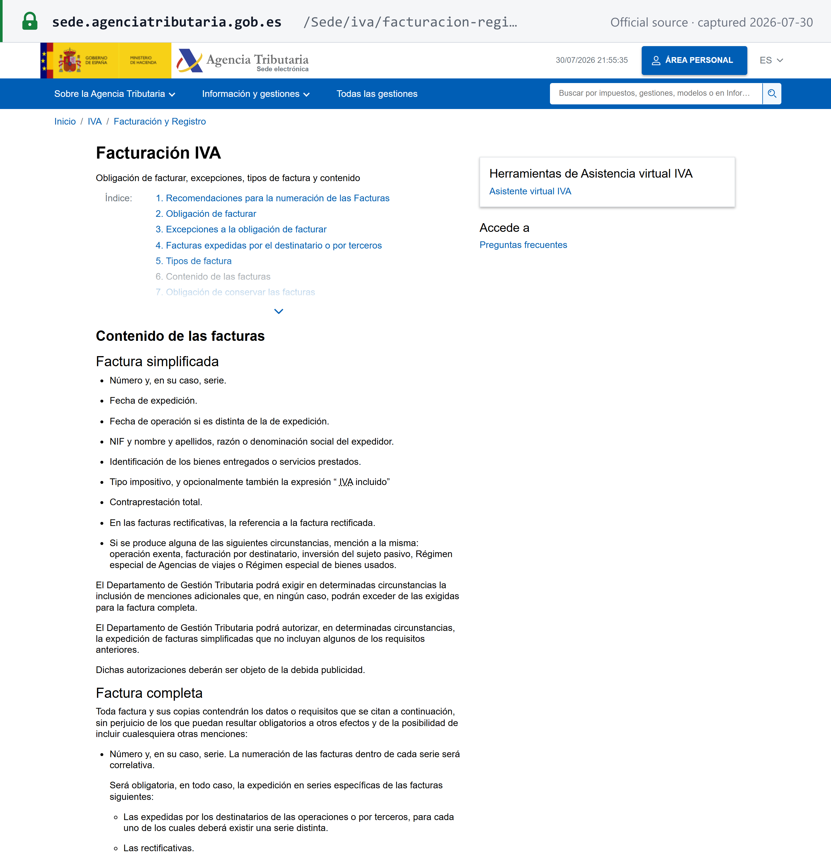 Source snapshot — AEAT setting out the mandatory content of the factura simplificada and the factura completa under the Reglamento de facturación