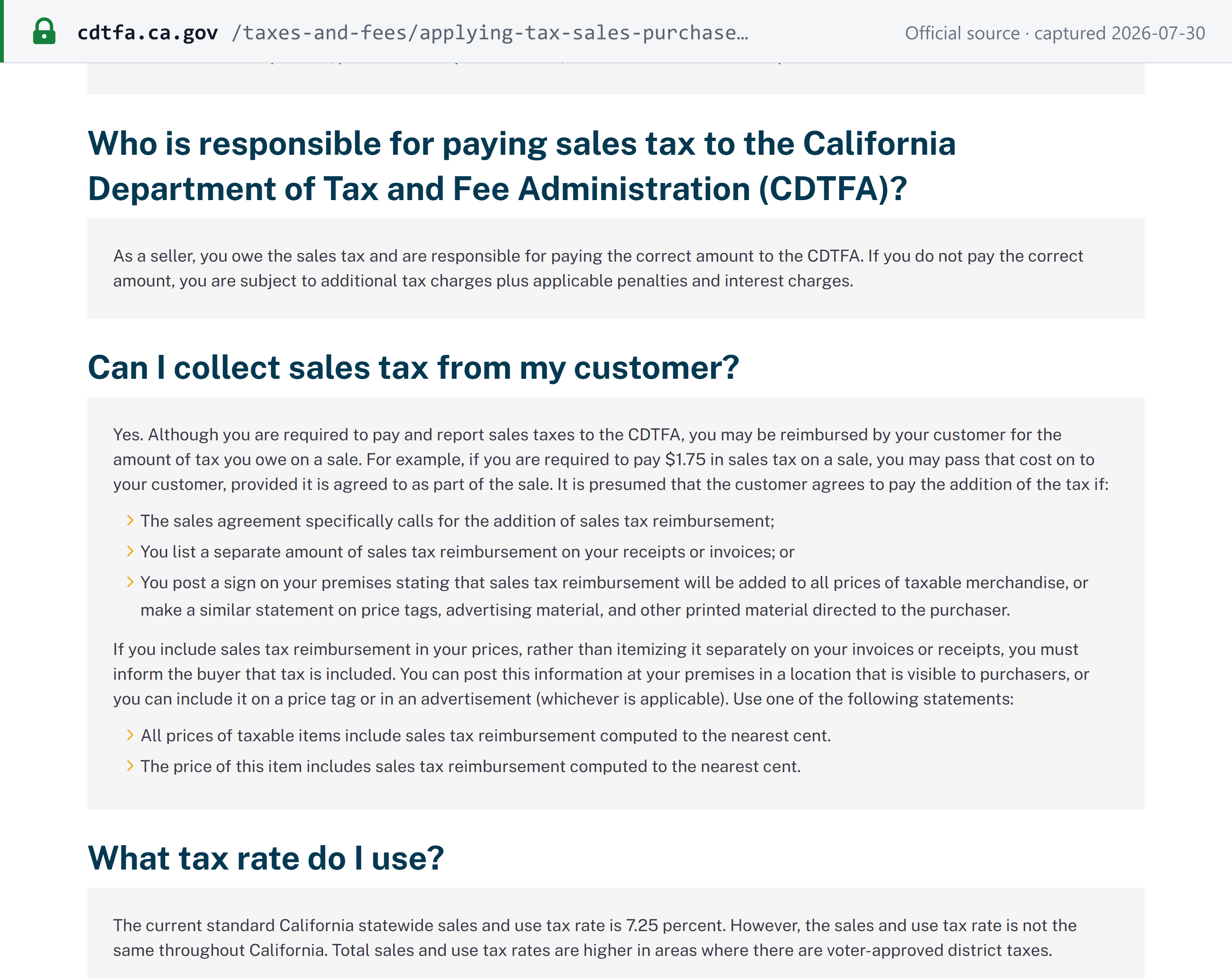 Source snapshot — CDTFA explaining that a separately listed sales tax reimbursement is presumed agreed, and that a seller including tax in the price must inform the buyer