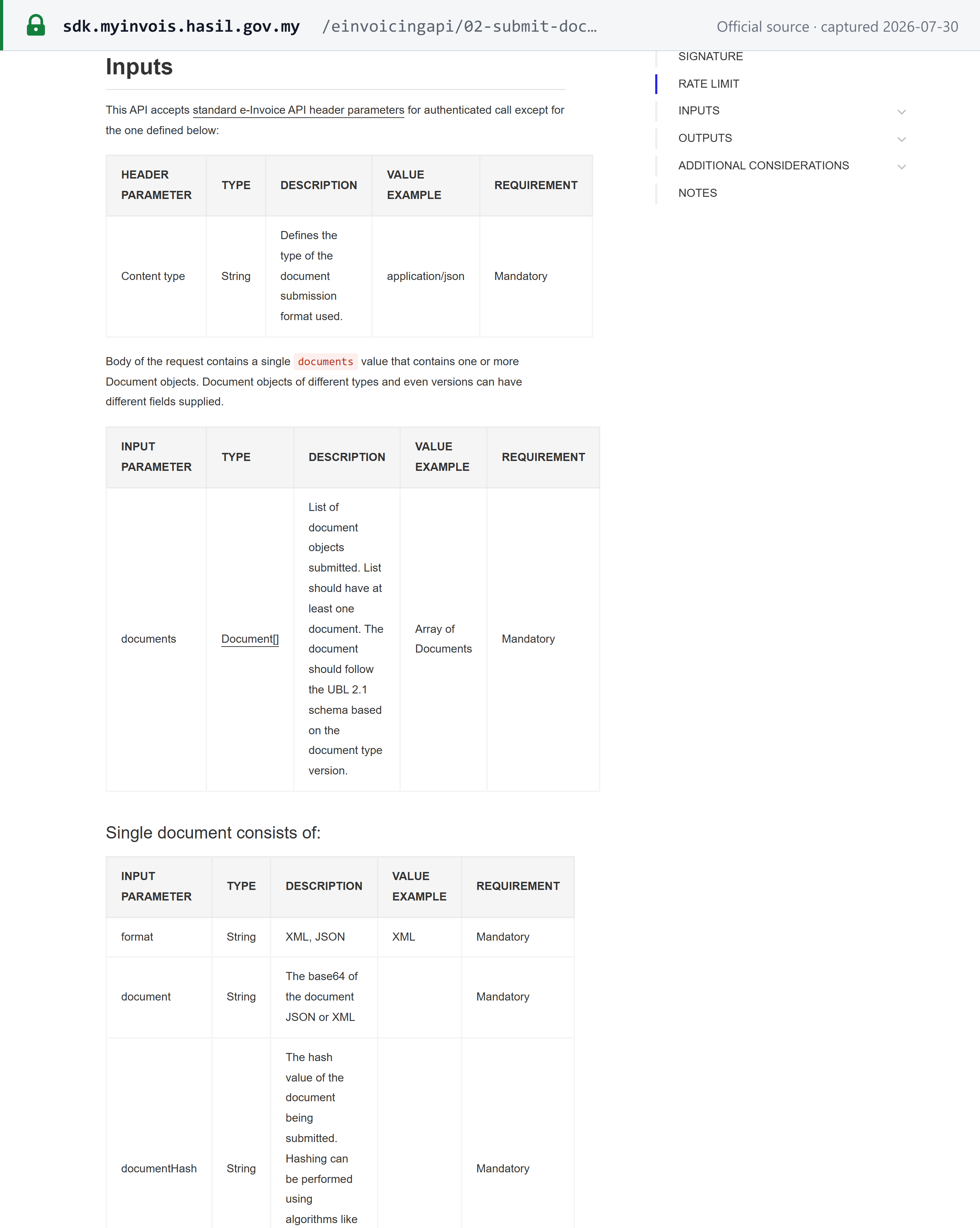 Source snapshot — MyInvois SDK documenting the UBL 2.1 schema requirement, the XML/JSON format rule, and the 5 MB / 100 document / 300 KB submission limits