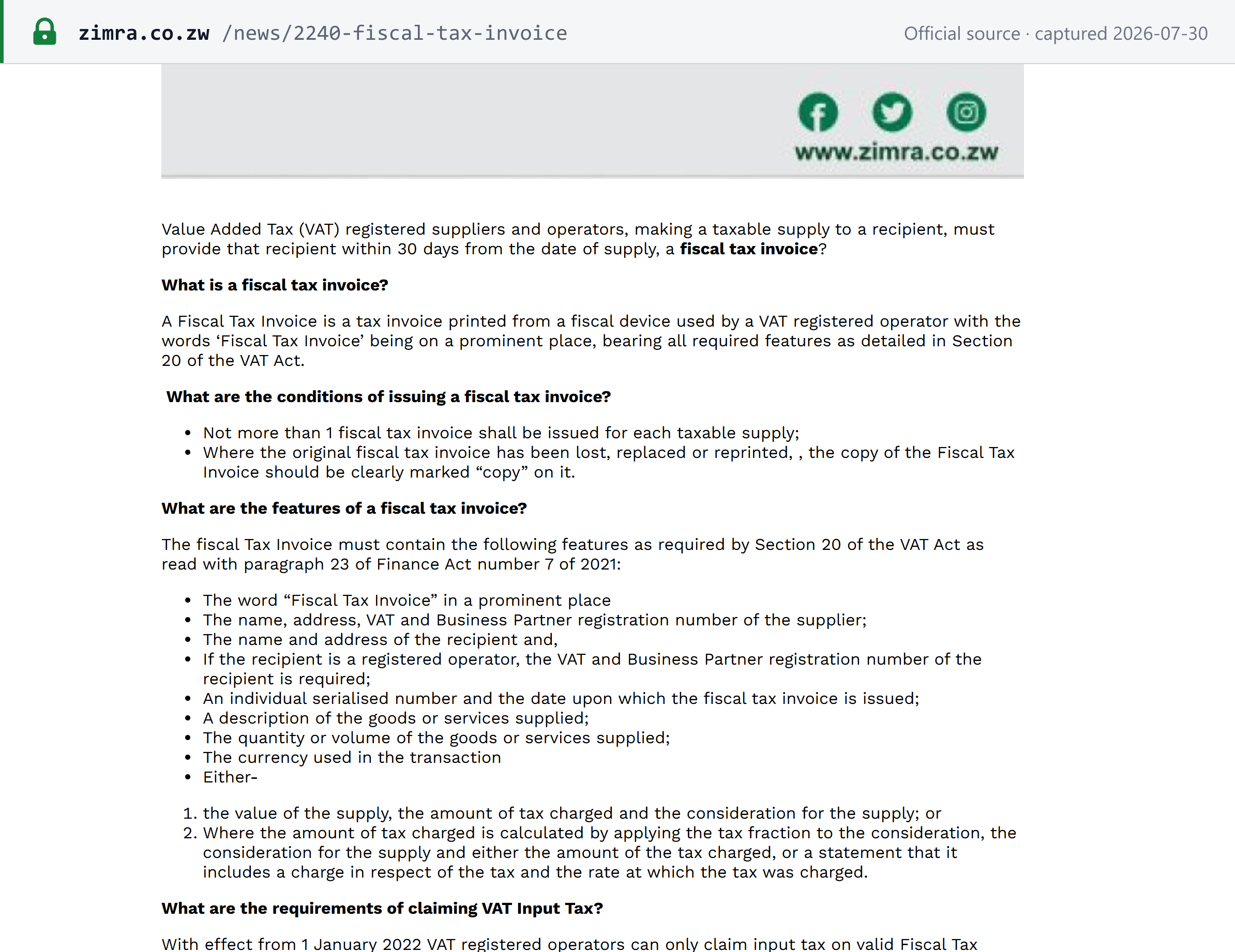 Source snapshot — ZIMRA setting out the conditions for issuing a fiscal tax invoice, the 30-day deadline, and the full list of features required by section 20 of the VAT Act read with paragraph 23 of Finance Act number 7 of 2021