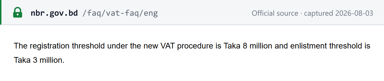 Source snapshot — NBR VAT FAQ — BDT 8,000,000 registration and BDT 3,000,000 enlistment thresholds