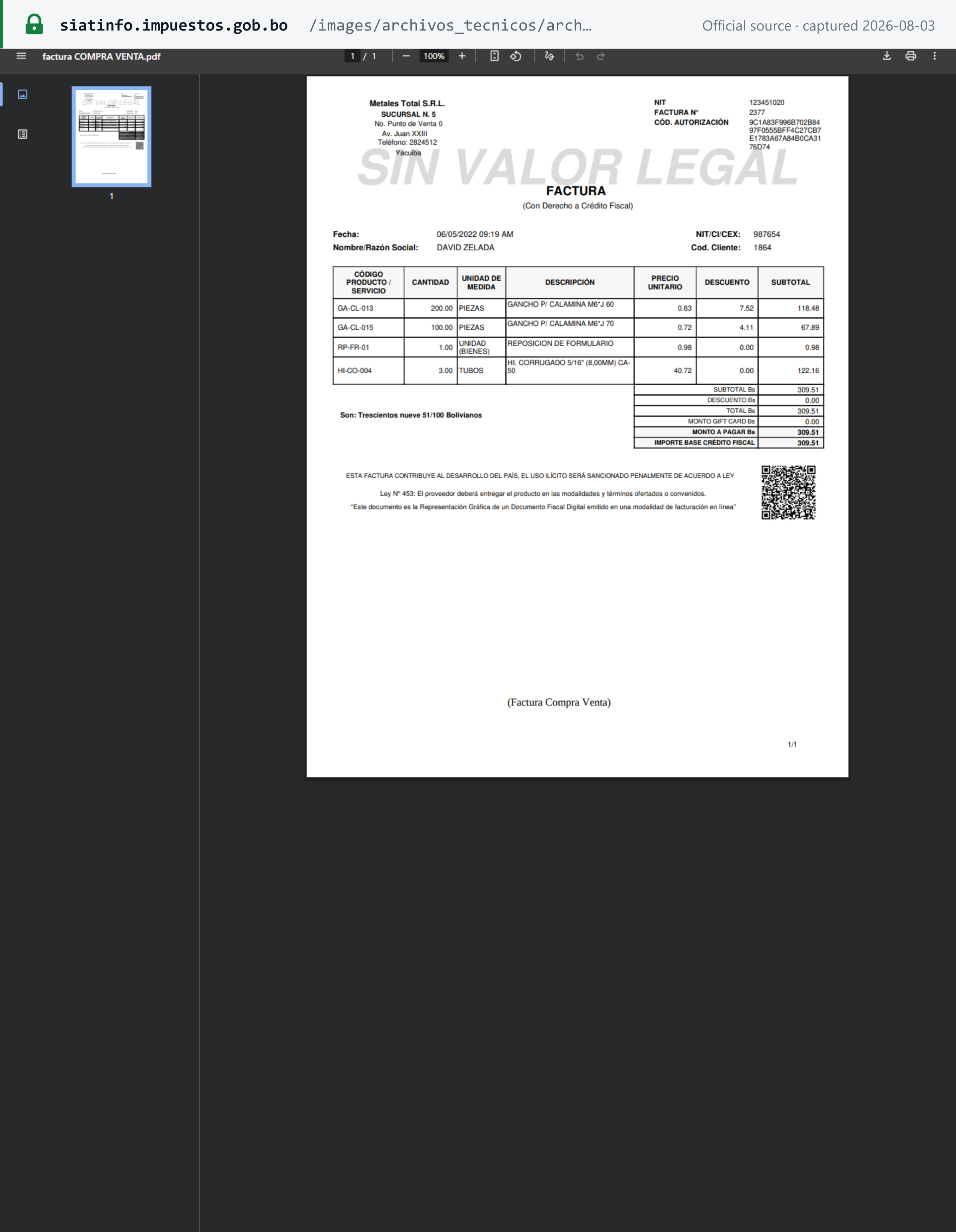 Source snapshot — Servicio de Impuestos Nacionales Anexo Técnico formato gráfico for the Factura de Compra y Venta, showing the authorisation code, item table, credit-fiscal base and QR code