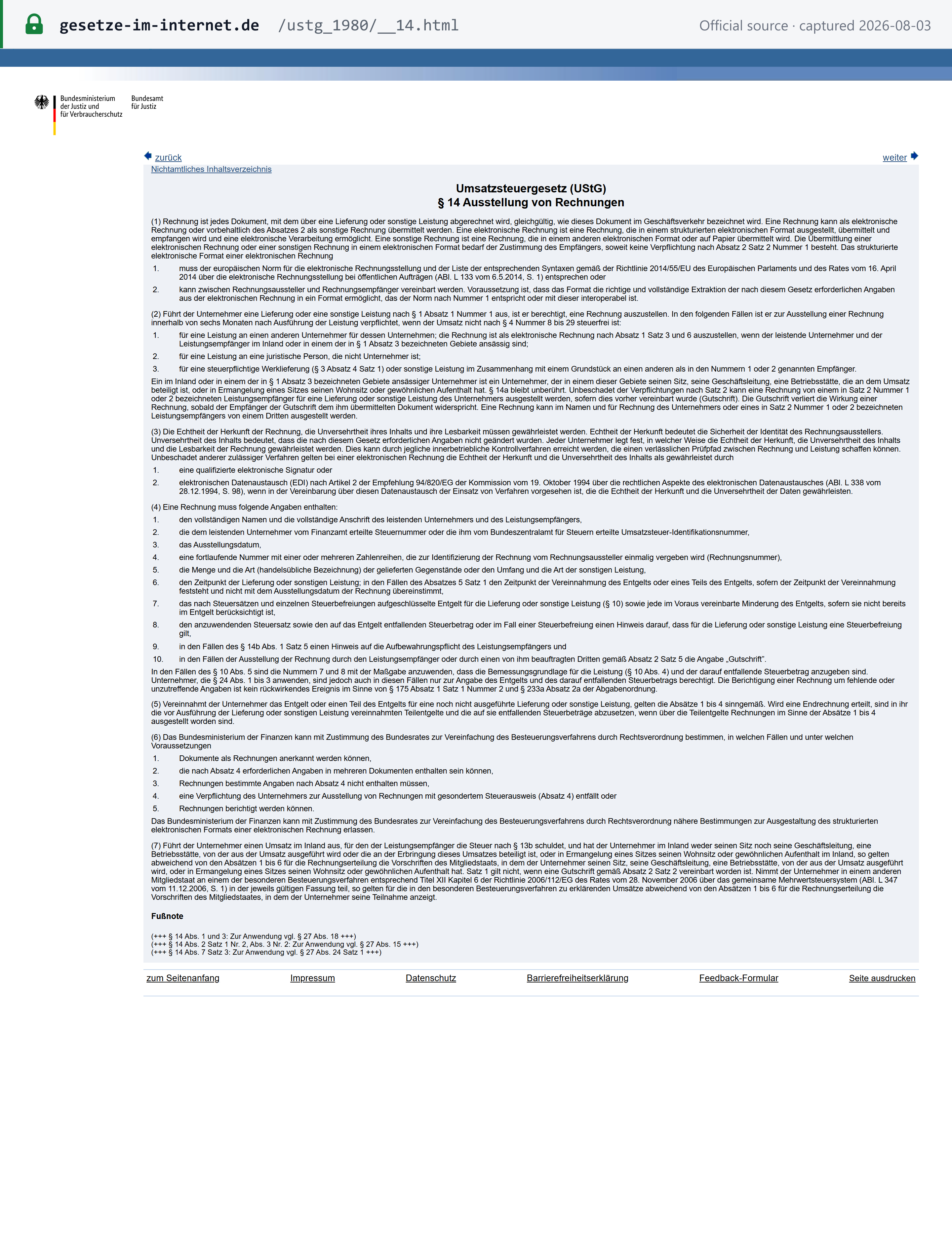 Source snapshot — UStG § 14 Abs. 4 Nr. 1 to 10, the mandatory particulars of a German invoice, with the six-month issuance deadline in Abs. 2