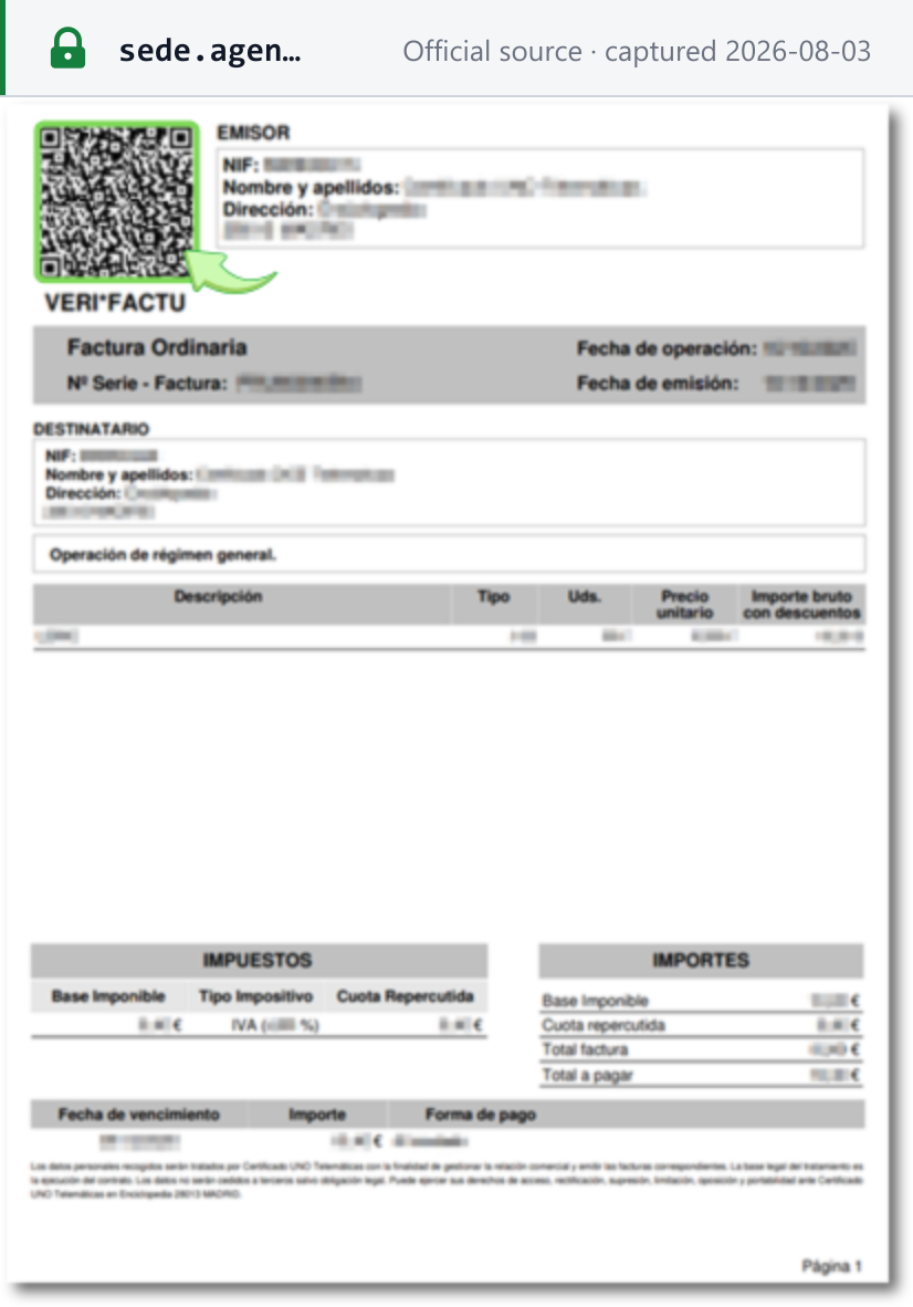 Source snapshot — AEAT VERI*FACTU printable invoice with the tax QR code, showing the emisor, destinatario, line-item, impuestos and importes blocks