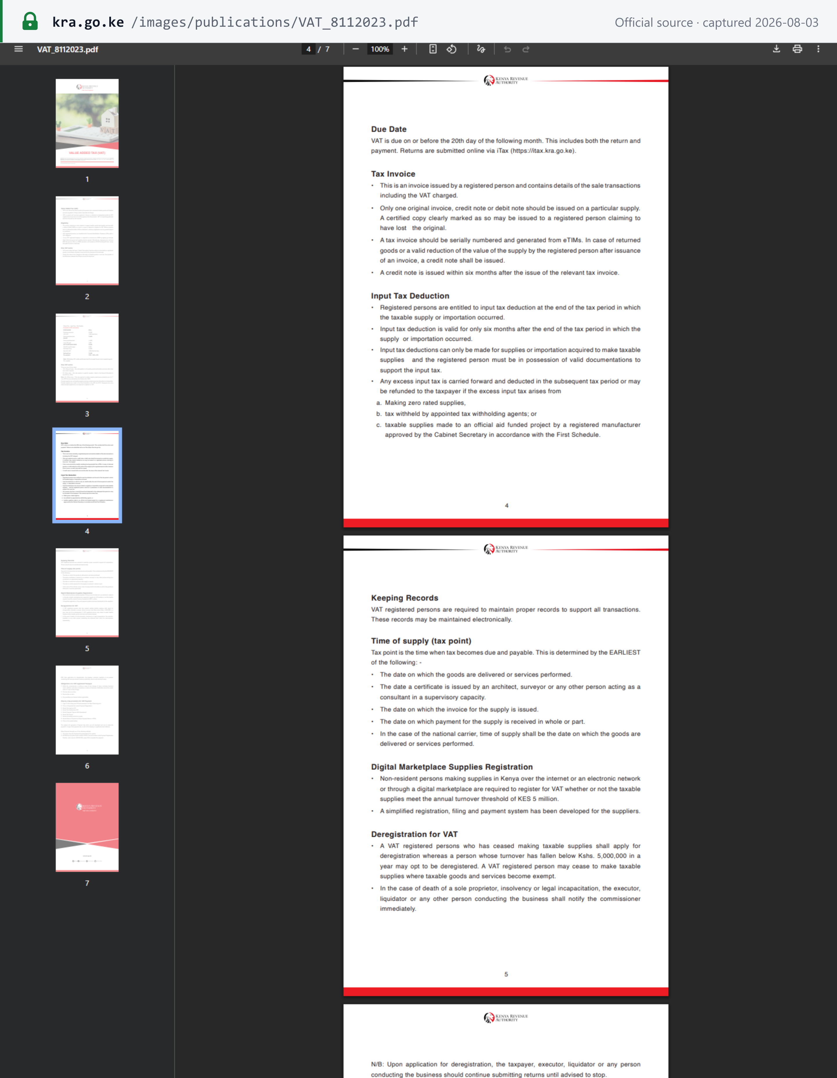 Source snapshot — KRA VAT guide p.4: a tax invoice must be serially numbered and generated from eTIMS, only one original may be issued per supply, and a credit note must be issued within six months
