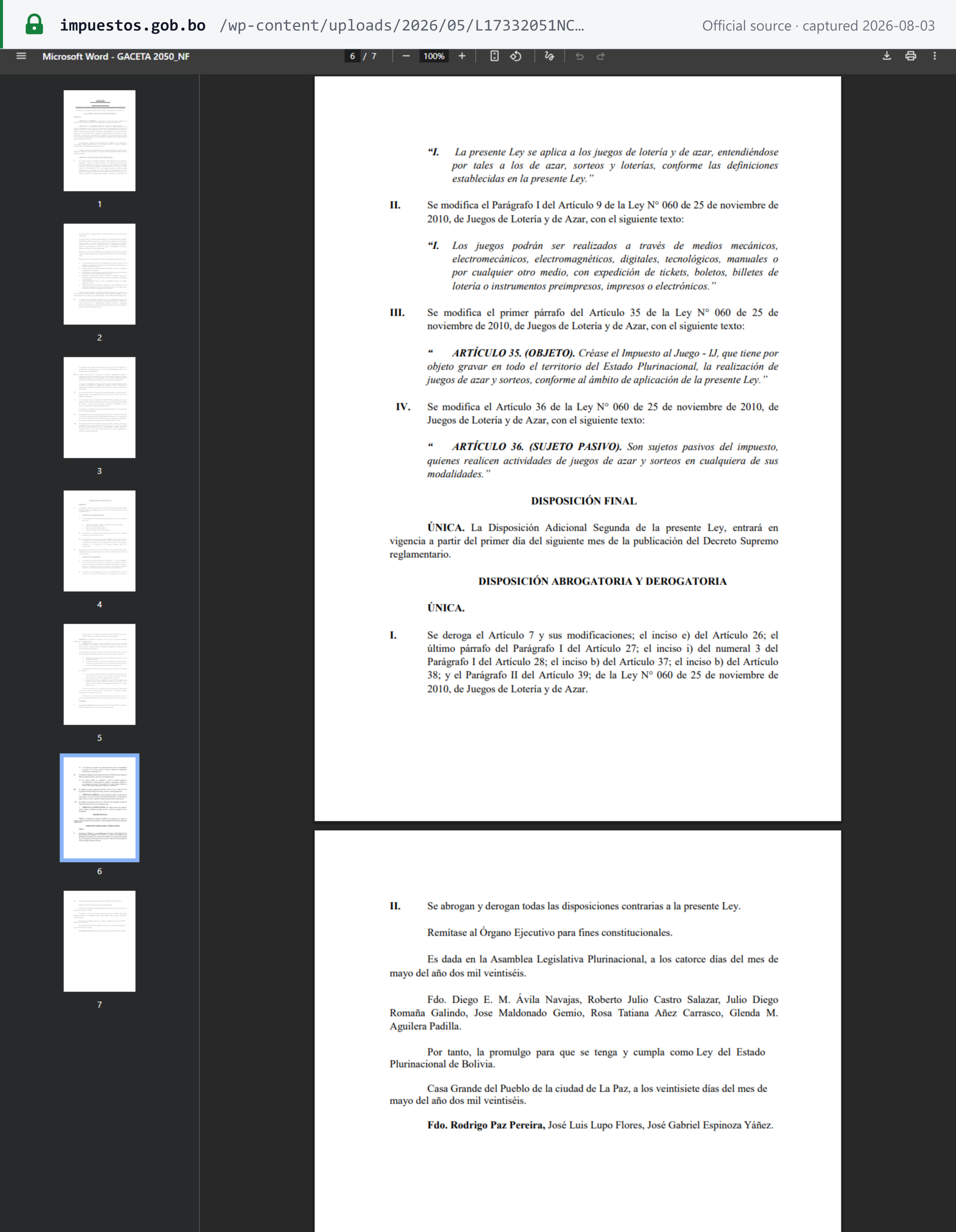 Source snapshot — Ley 1733 Disposición Final Única gating the por fuera reform on an implementing decree