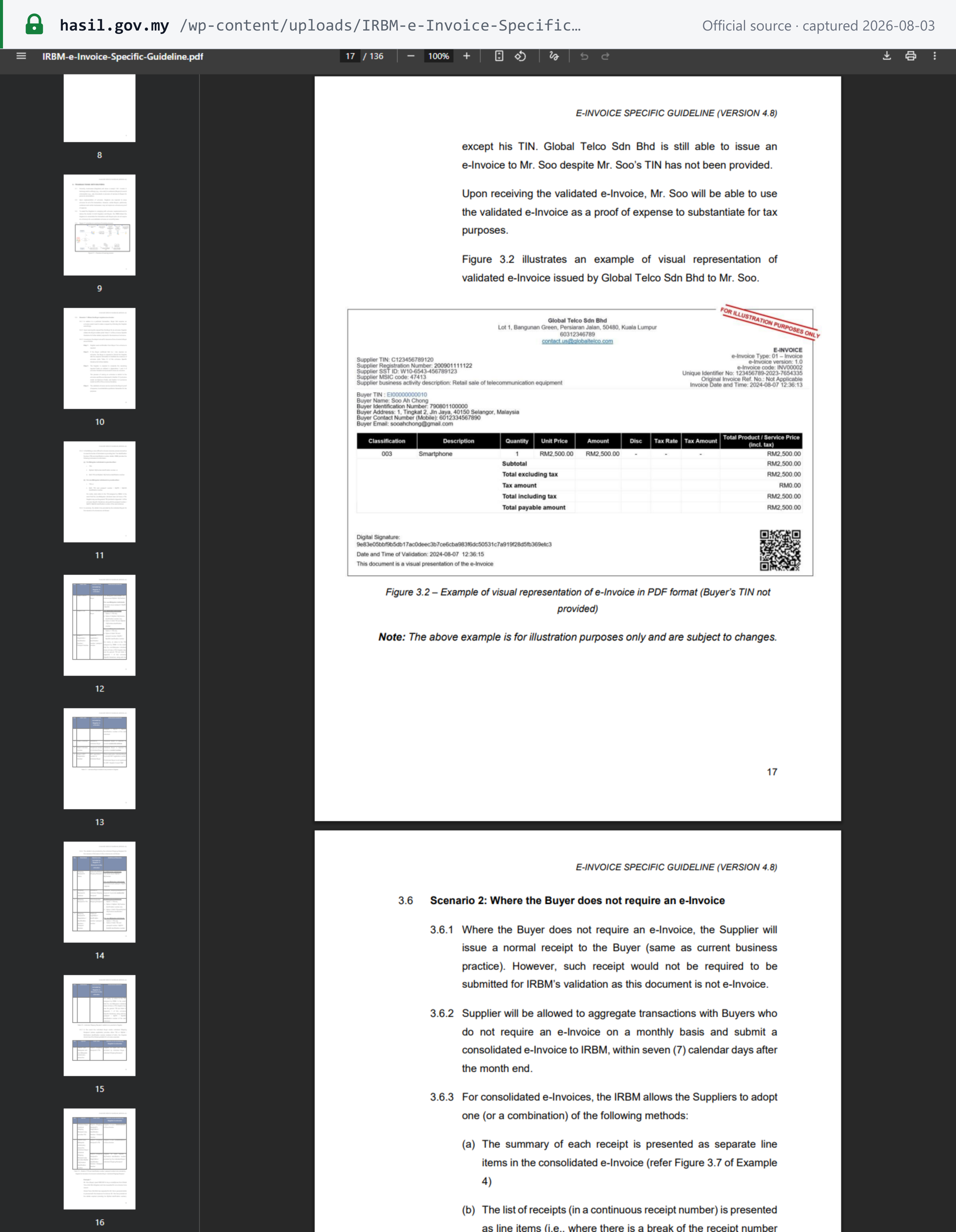 Source snapshot — IRBM e-Invoice Specific Guideline v4.8 Figure 3.2, a visual representation of a validated e-Invoice in PDF, with digital signature, validation timestamp and QR code