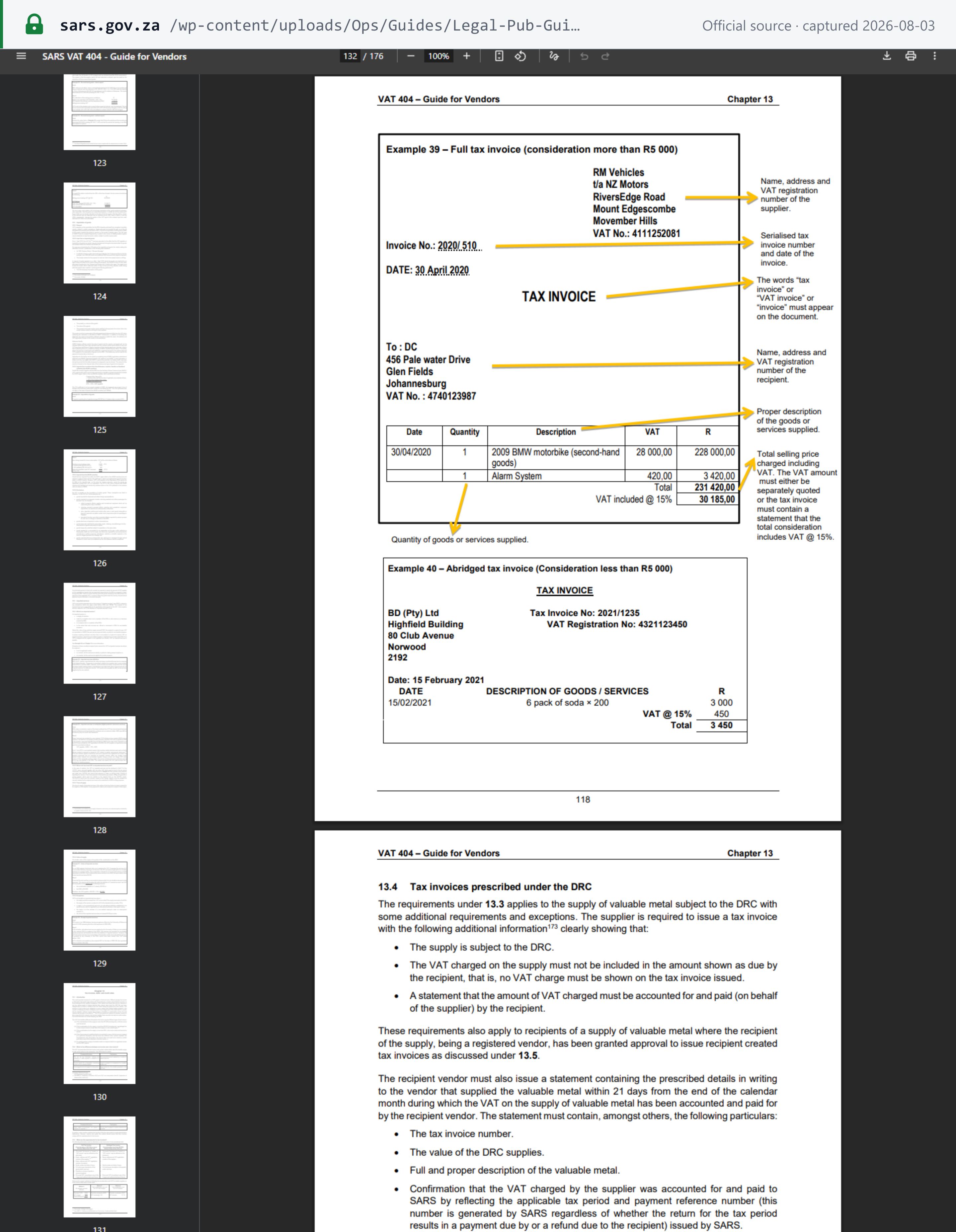 Source snapshot — SARS VAT 404 Guide for Vendors, Example 39 annotated full tax invoice with each required particular called out, and Example 40 abridged tax invoice below