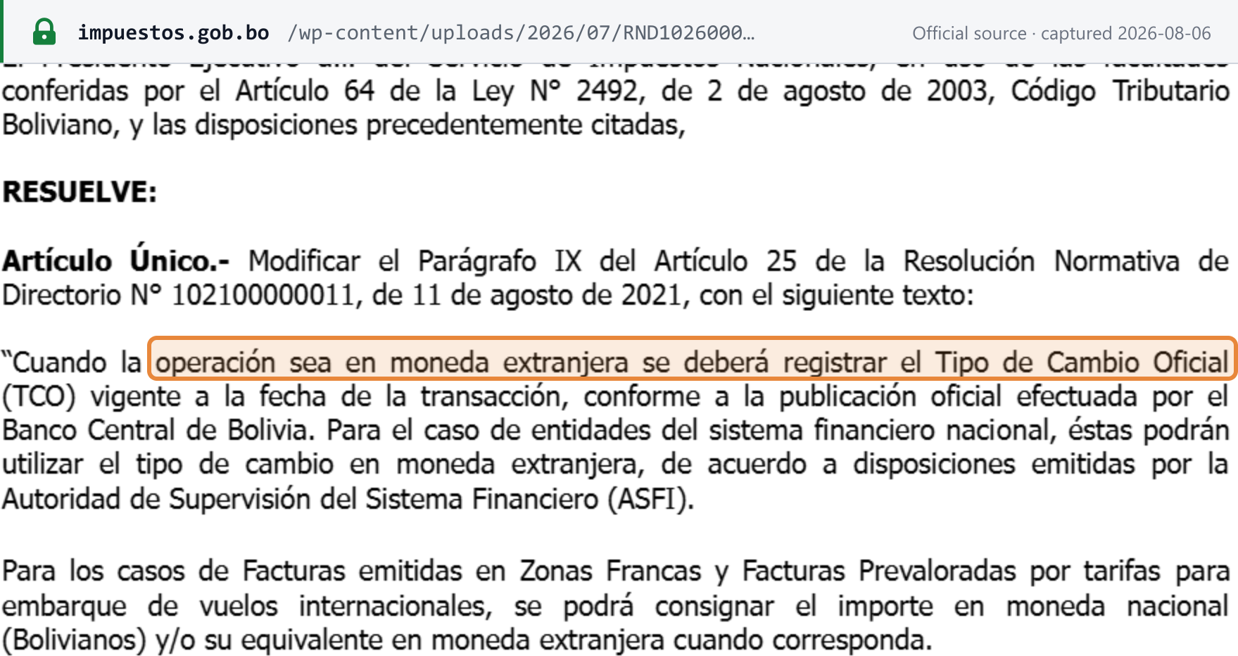 Source snapshot — RND 102600000026: article 25.IX of RND 102100000011 replaced; foreign-currency operations record the Banco Central de Bolivia official exchange rate