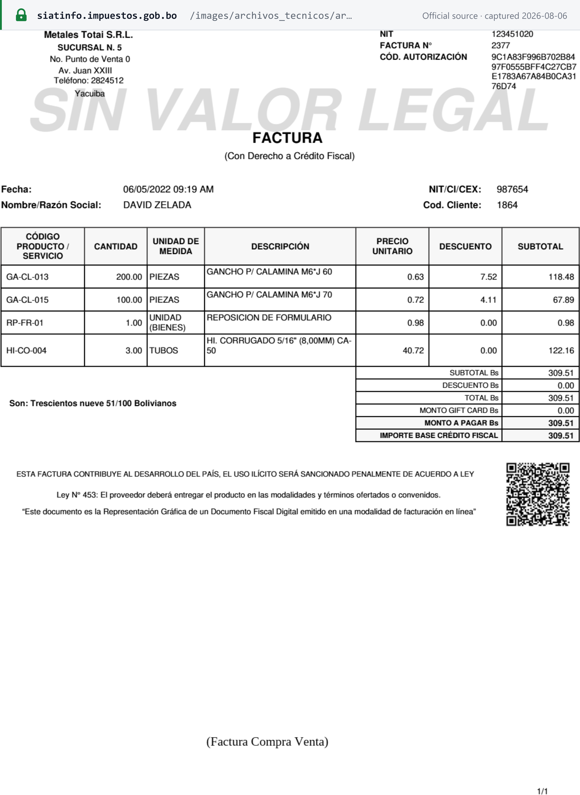 Source snapshot — Servicio de Impuestos Nacionales Anexo Técnico formato gráfico for the Factura de Compra y Venta, showing the authorisation code, item table, credit-fiscal base and QR code