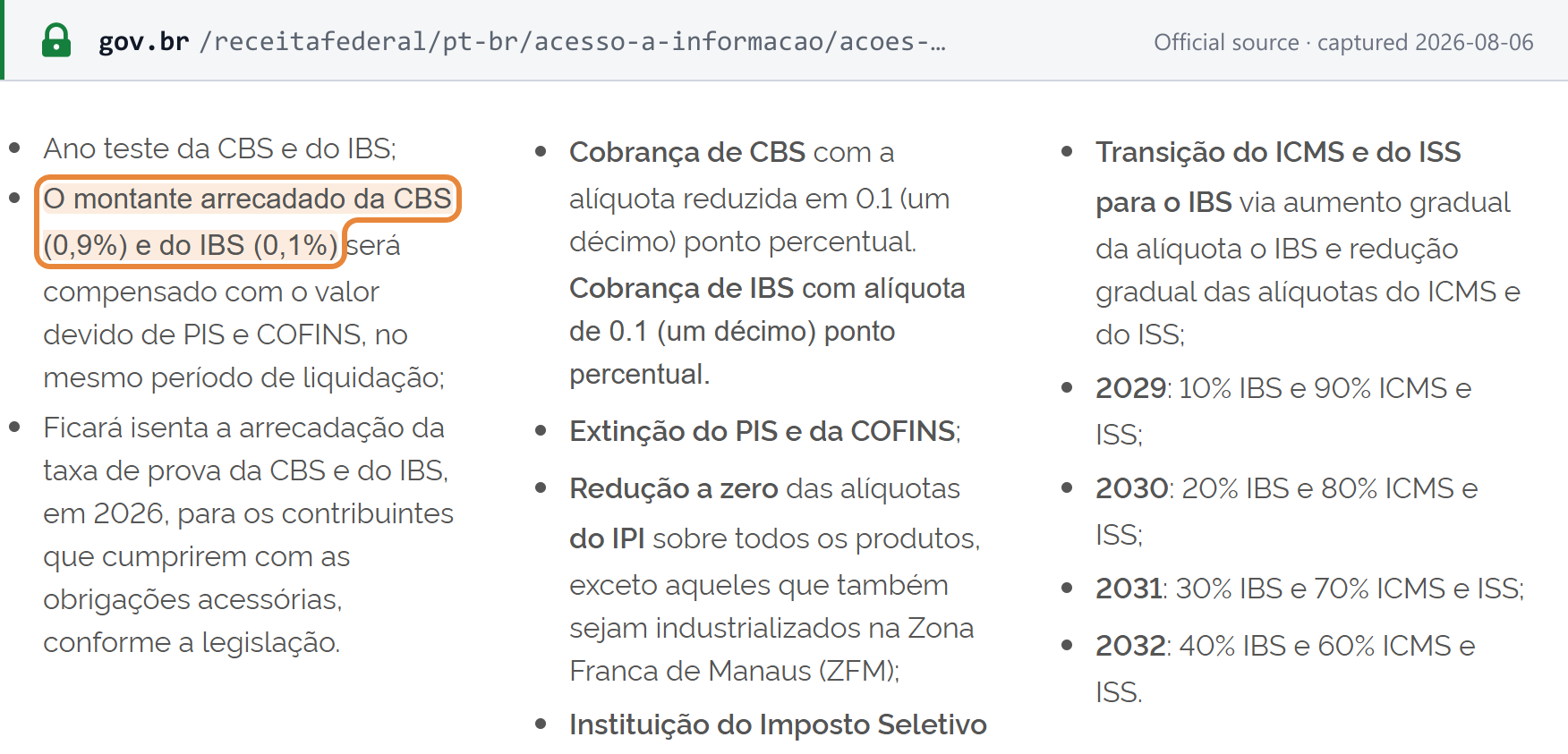 Source snapshot   — CBS/IBS transition timeline and the 2026 combined 1% test rate