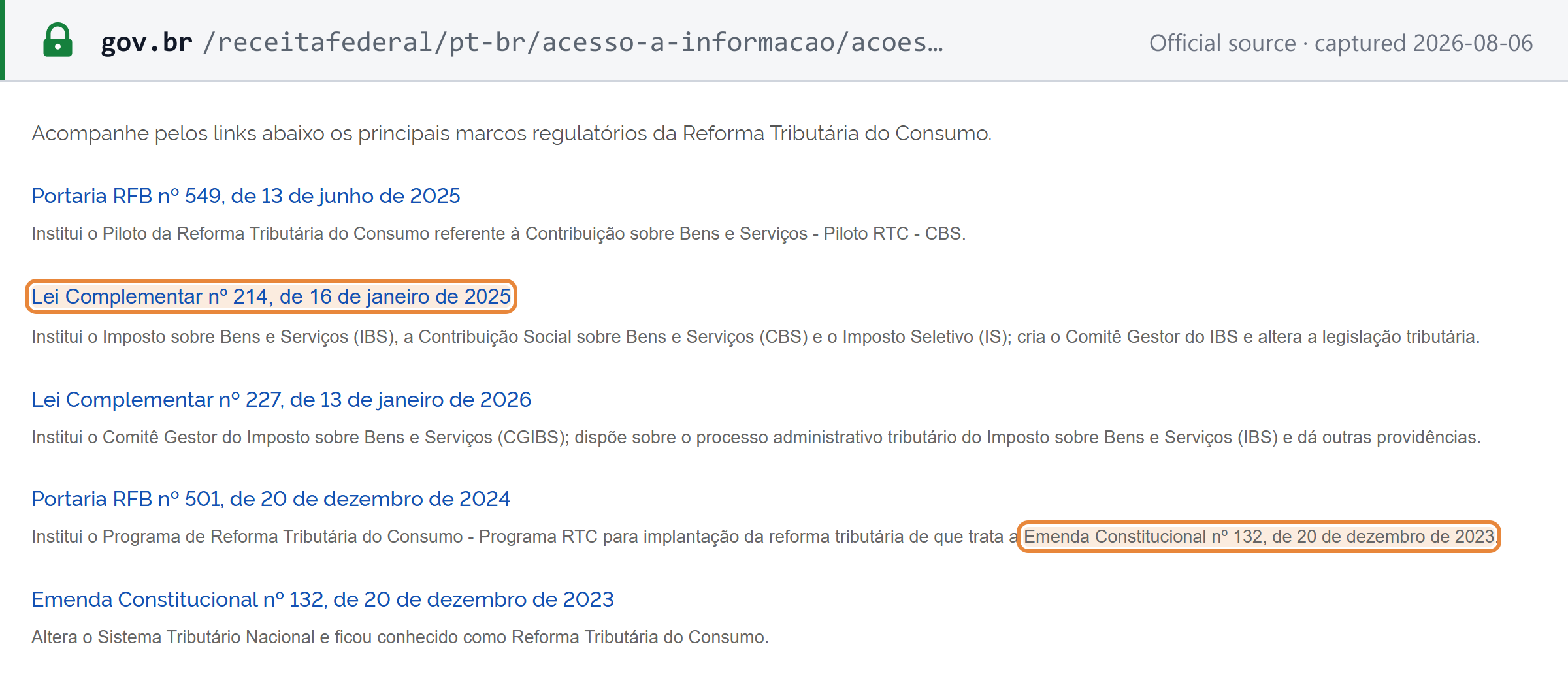 Source snapshot — EC 132/2023 and LC 214/2025 in the official reform milestones