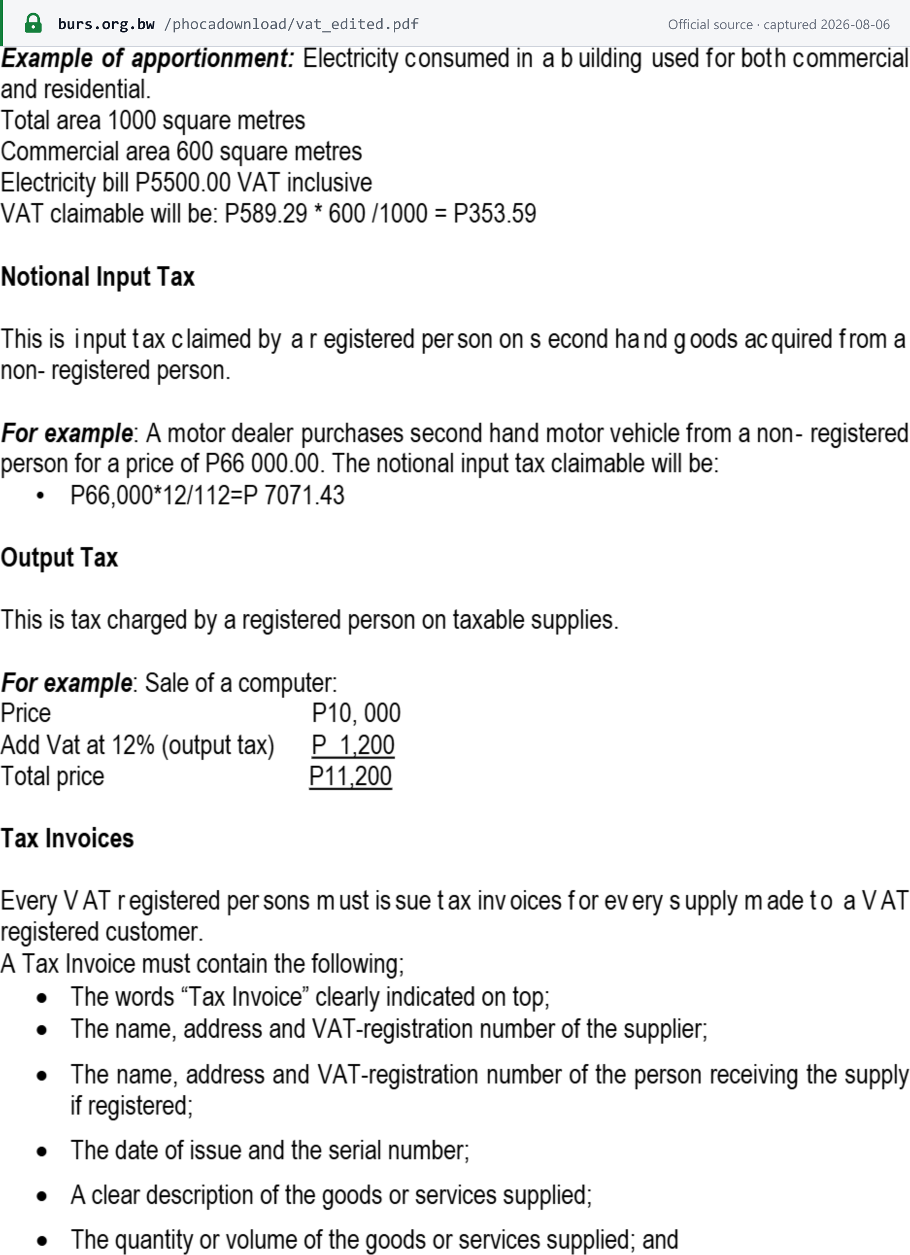 Source snapshot — BURS setting out that every VAT registered person must issue tax invoices, the particulars a tax invoice must contain, and the rule that tax debit and credit notes must carry much the same detail