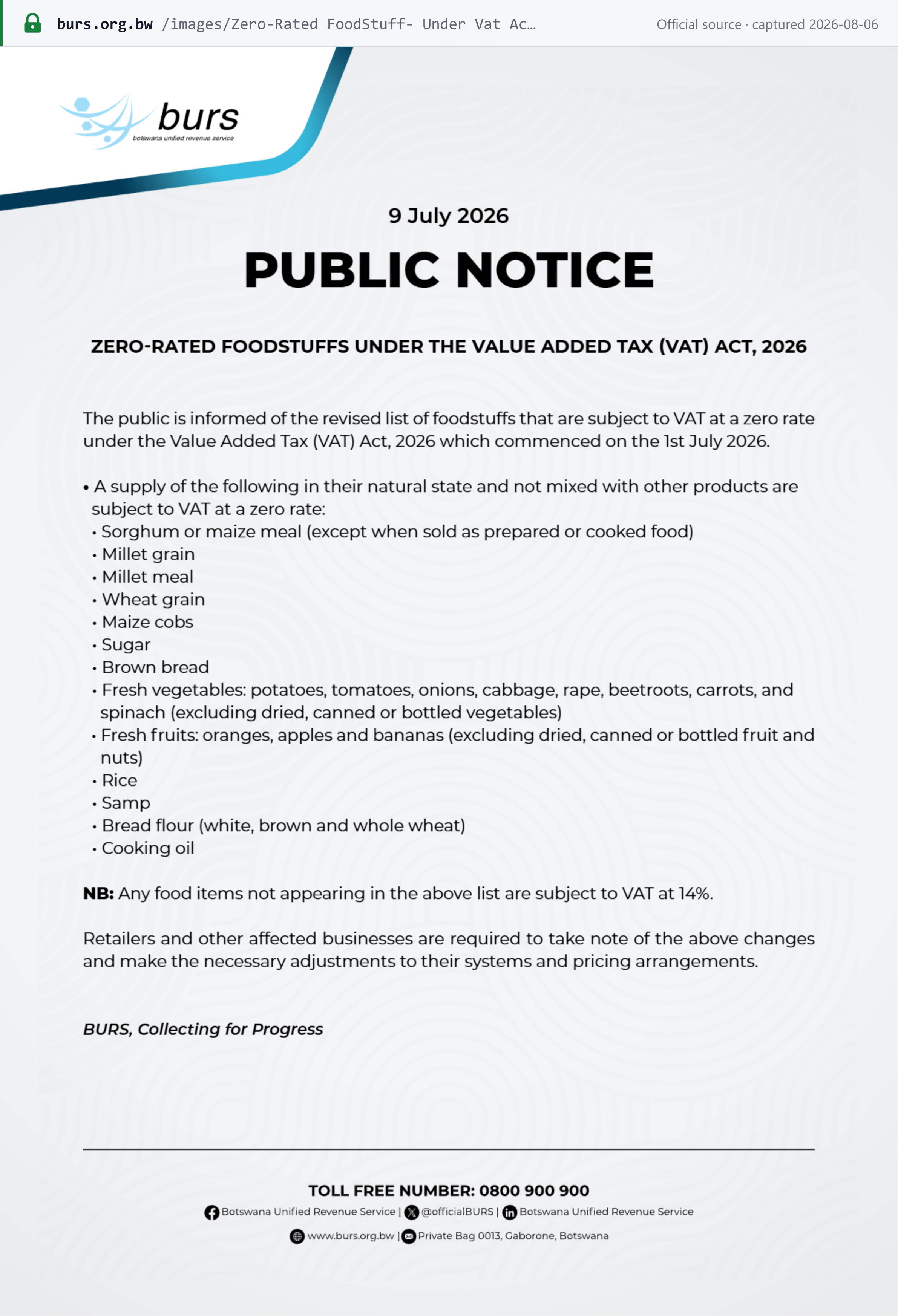 Source snapshot — BURS public notice: revised zero-rated foodstuffs list and the 14% standard rate