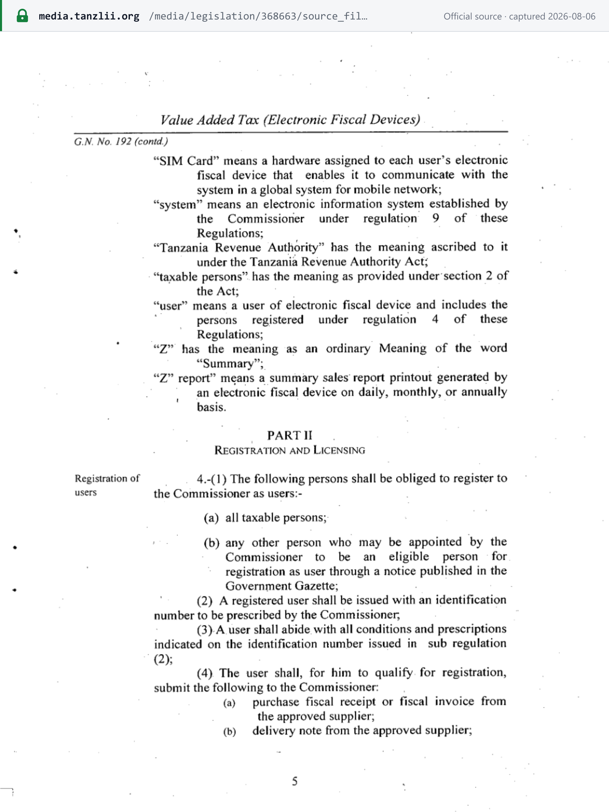Source snapshot — Government Notice No. 192 of 2010: all taxable persons must register as EFD users