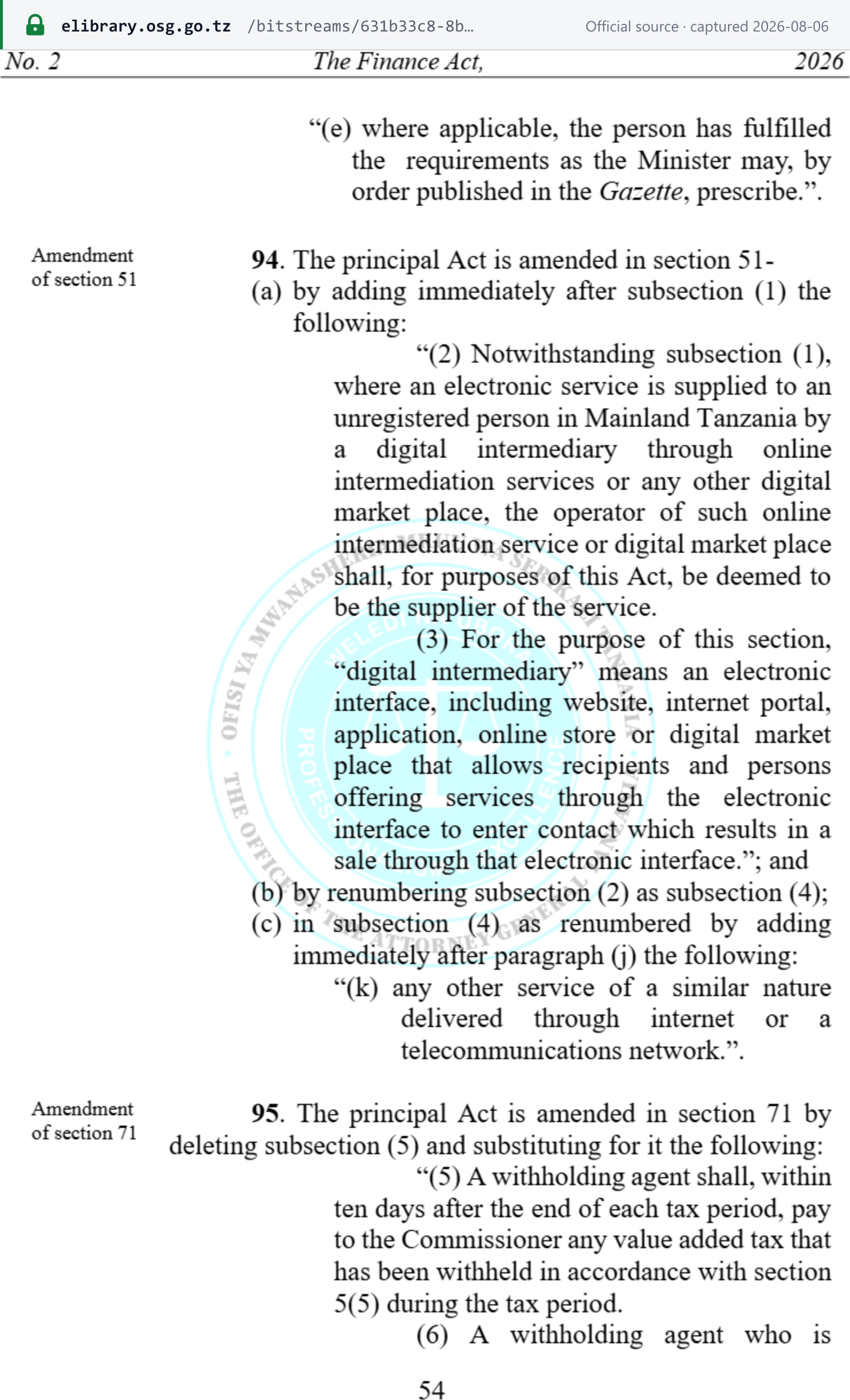 Source snapshot — Finance Act 2026 s.94 amends VAT Act s.51 — marketplace operators deemed the supplier