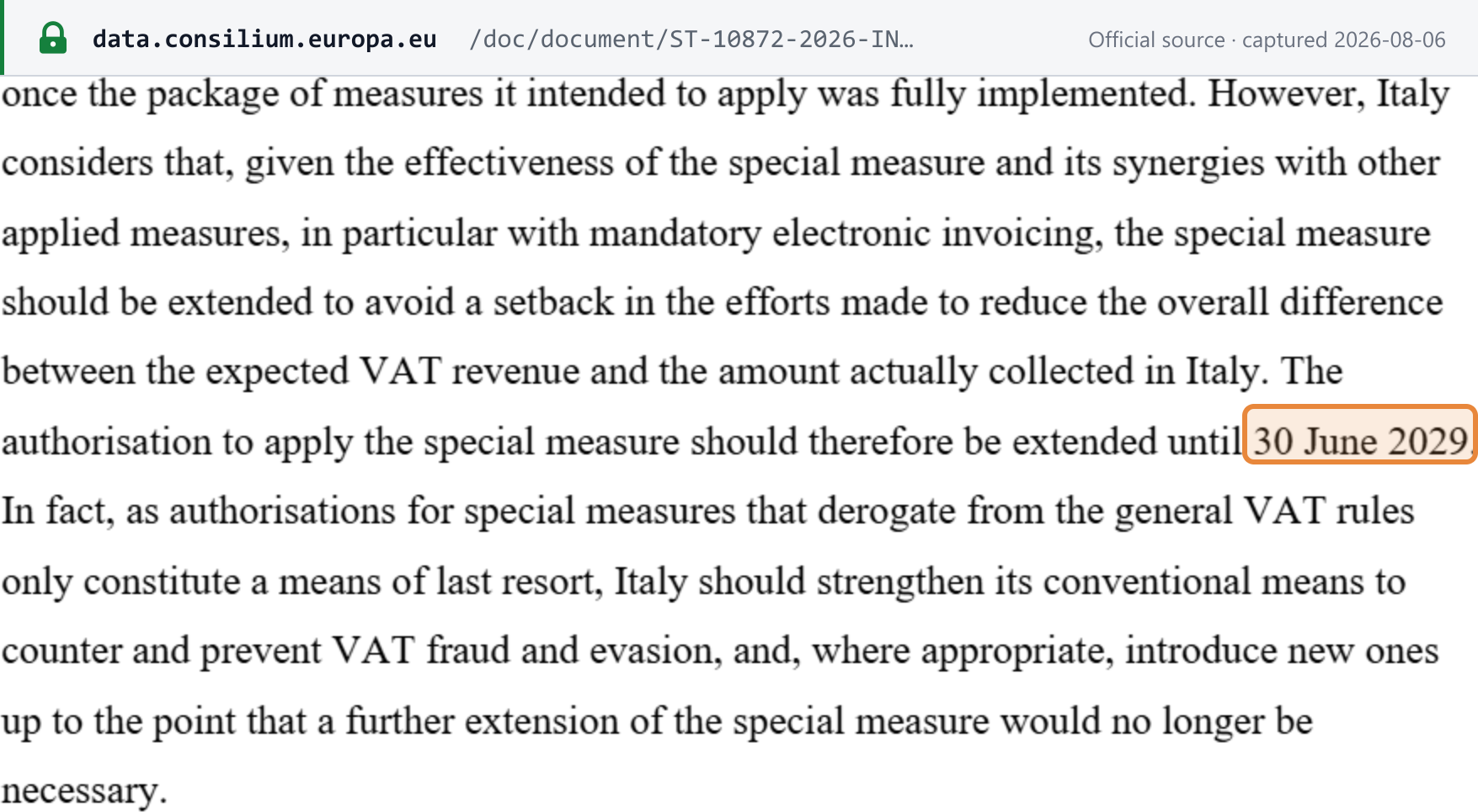 Source snapshot — Council document ST-10872-2026, recital: Italy's split-payment authorisation "should therefore be extended until 30 June 2029"