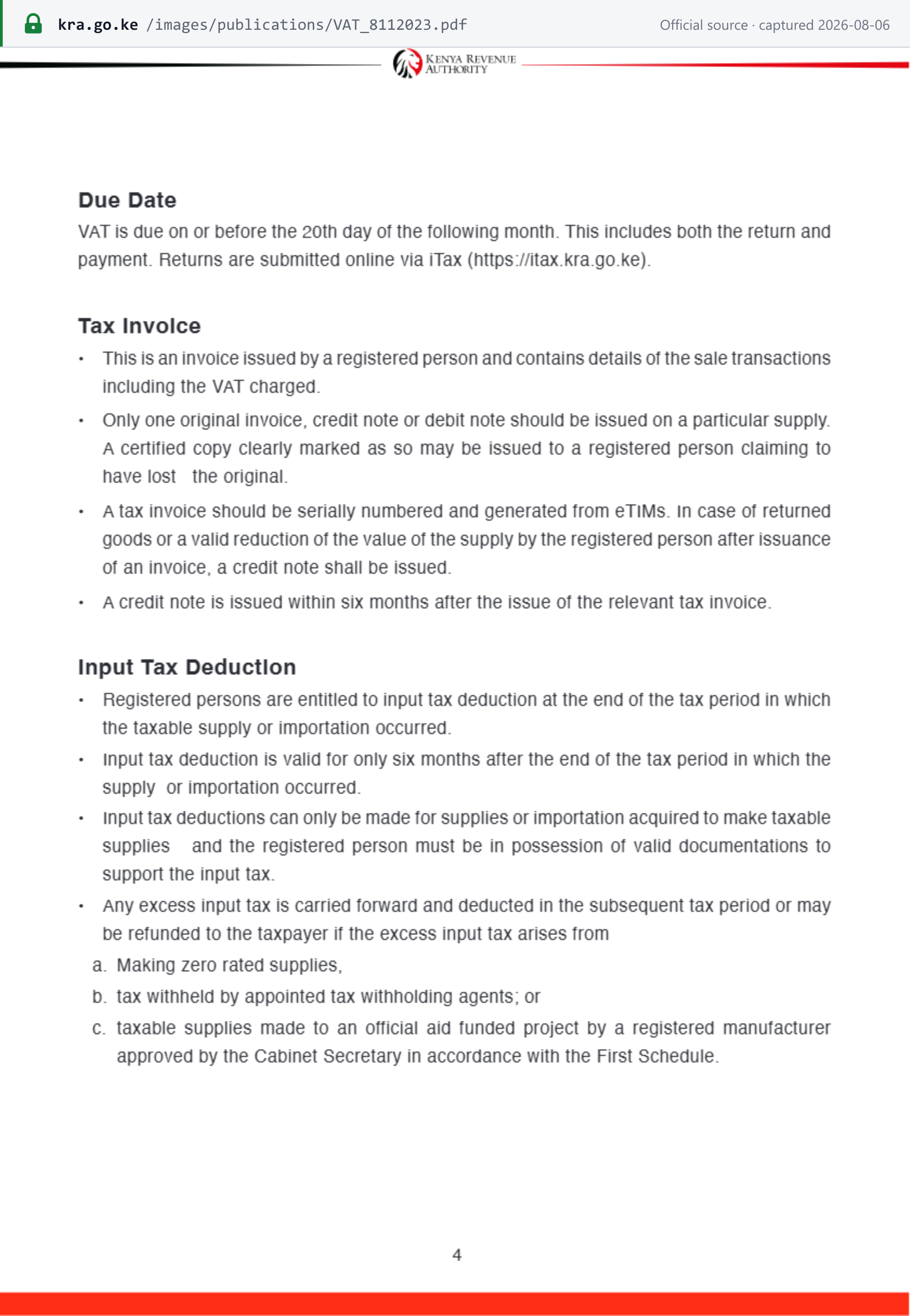 Source snapshot — KRA VAT guide p.4: a tax invoice must be serially numbered and generated from eTIMS, only one original may be issued per supply, and a credit note must be issued within six months