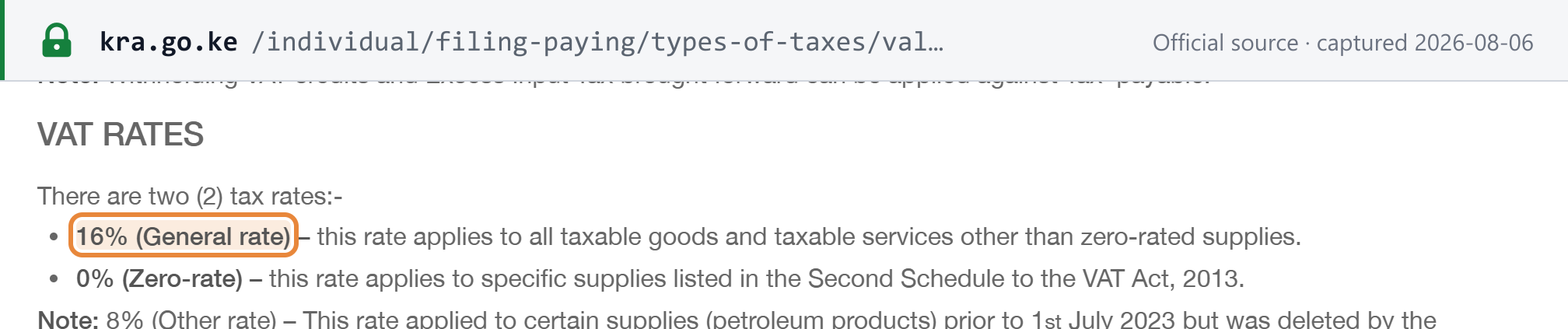 Source snapshot — Kenya standard VAT rate is 16%