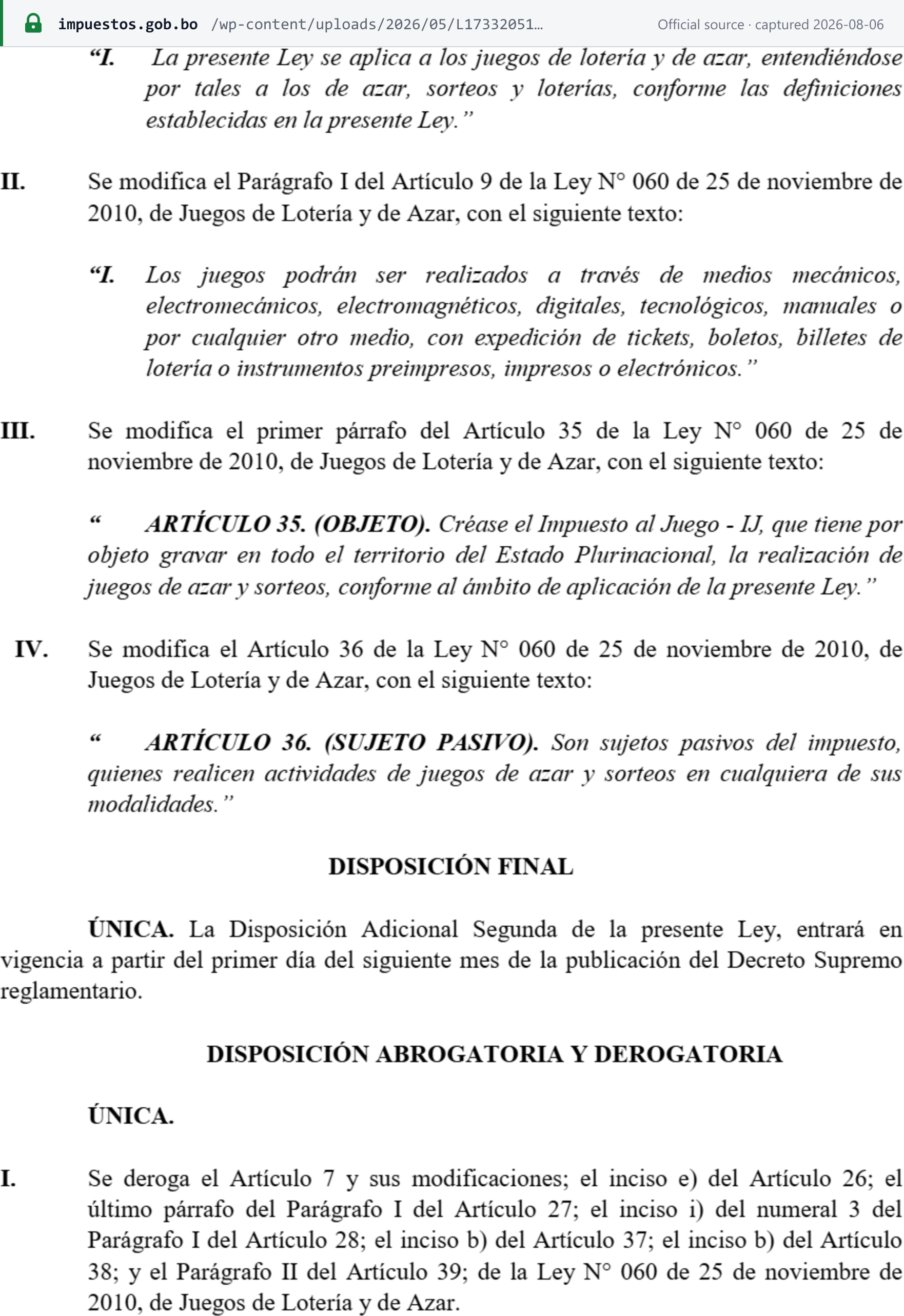 Source snapshot — Ley 1733 Disposición Final Única gating the por fuera reform on an implementing decree