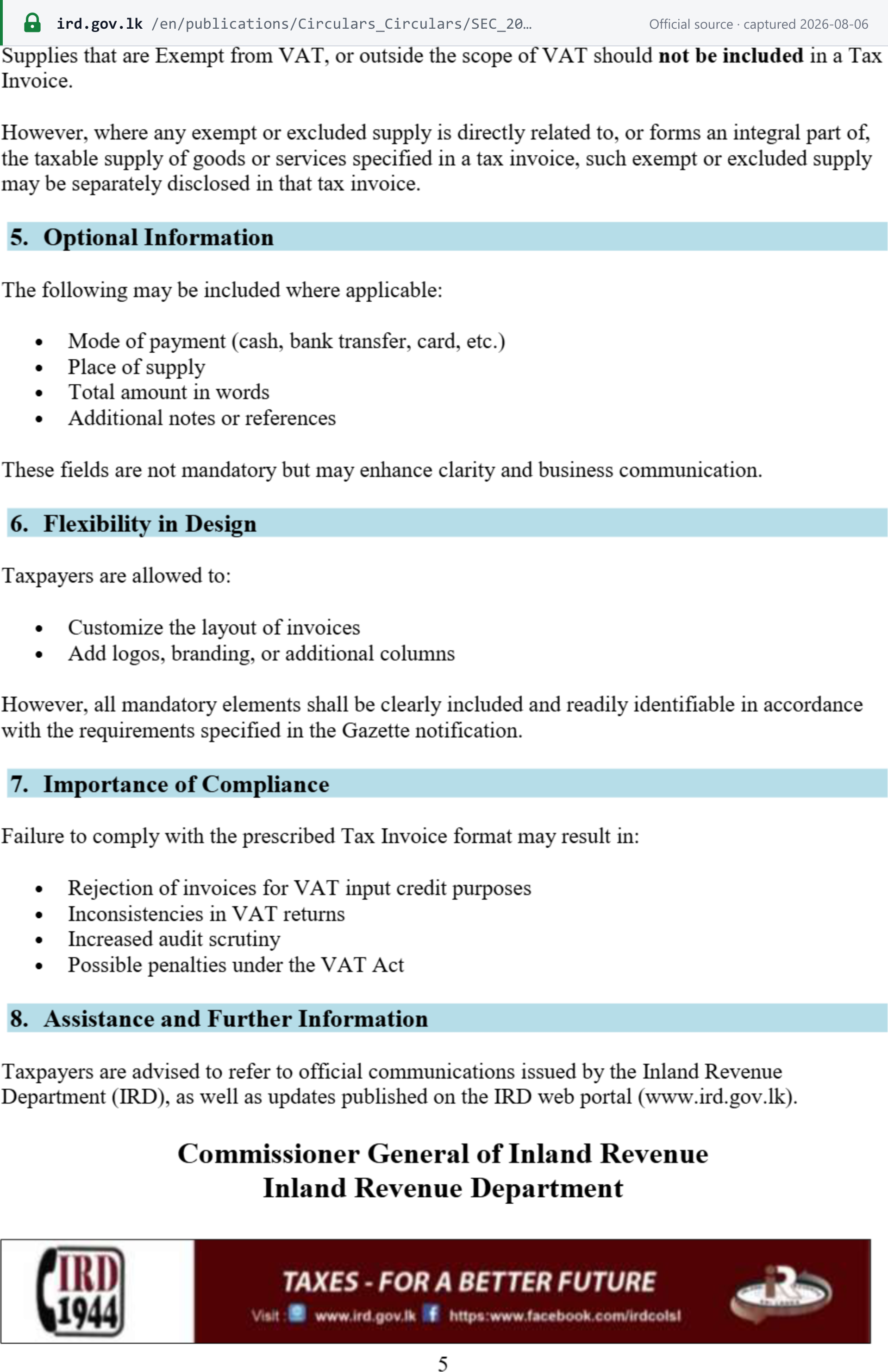 Source snapshot — IRD Circular SEC/2026/E/03 section 6, Flexibility in Design: taxpayers may customise the invoice layout and add logos, branding or columns provided all mandatory elements are clearly included